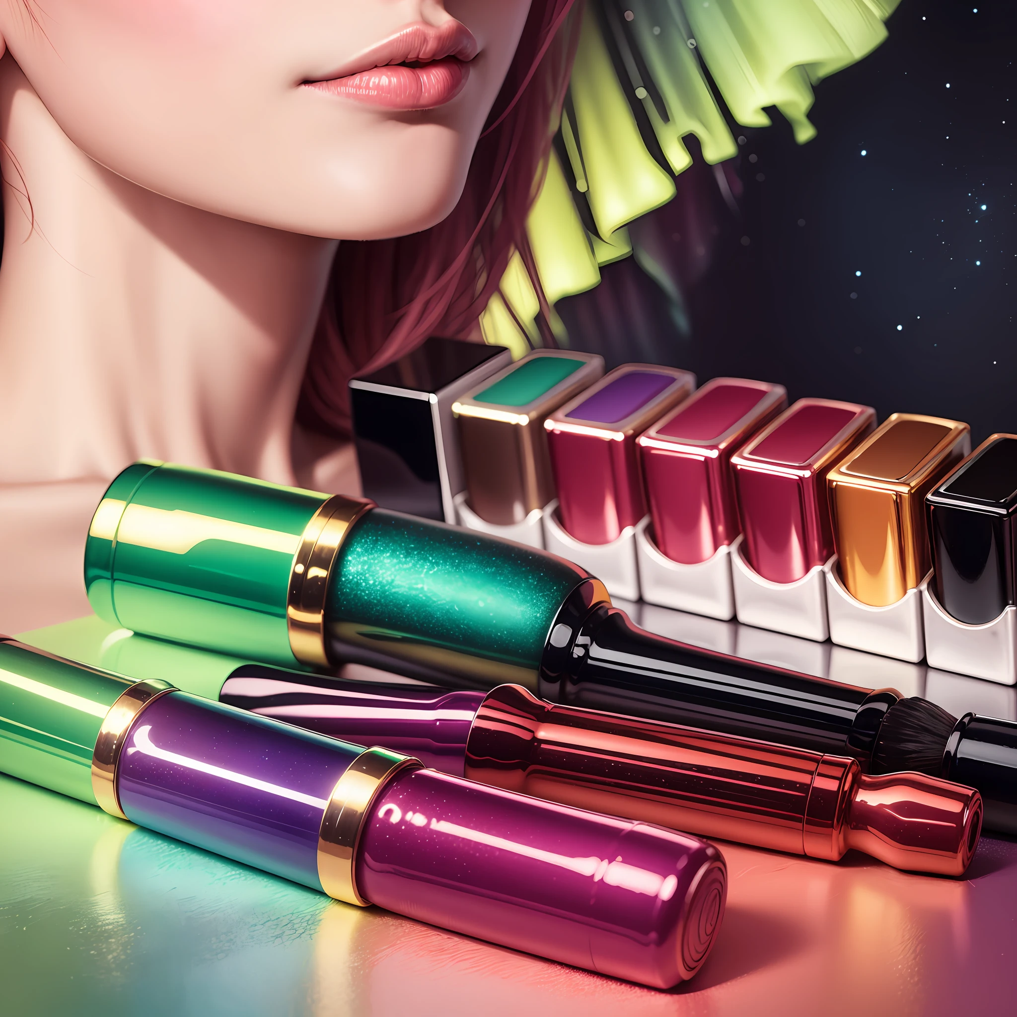 A lipstick product with 4 shades, in the background the aurora borealis, lipstick, makeup, Brazilian woman, apothecary, woman in makeup, four colors in one product. --auto --s2