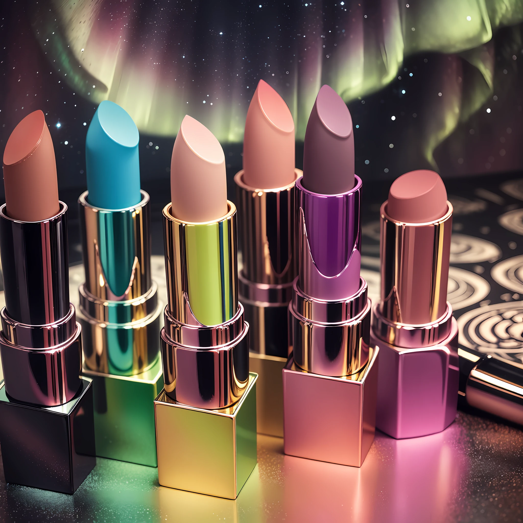 A lipstick product with 4 shades, in the background the aurora borealis, lipstick, makeup, Brazilian woman, apothecary, woman in makeup, four colors in one product. --auto --s2