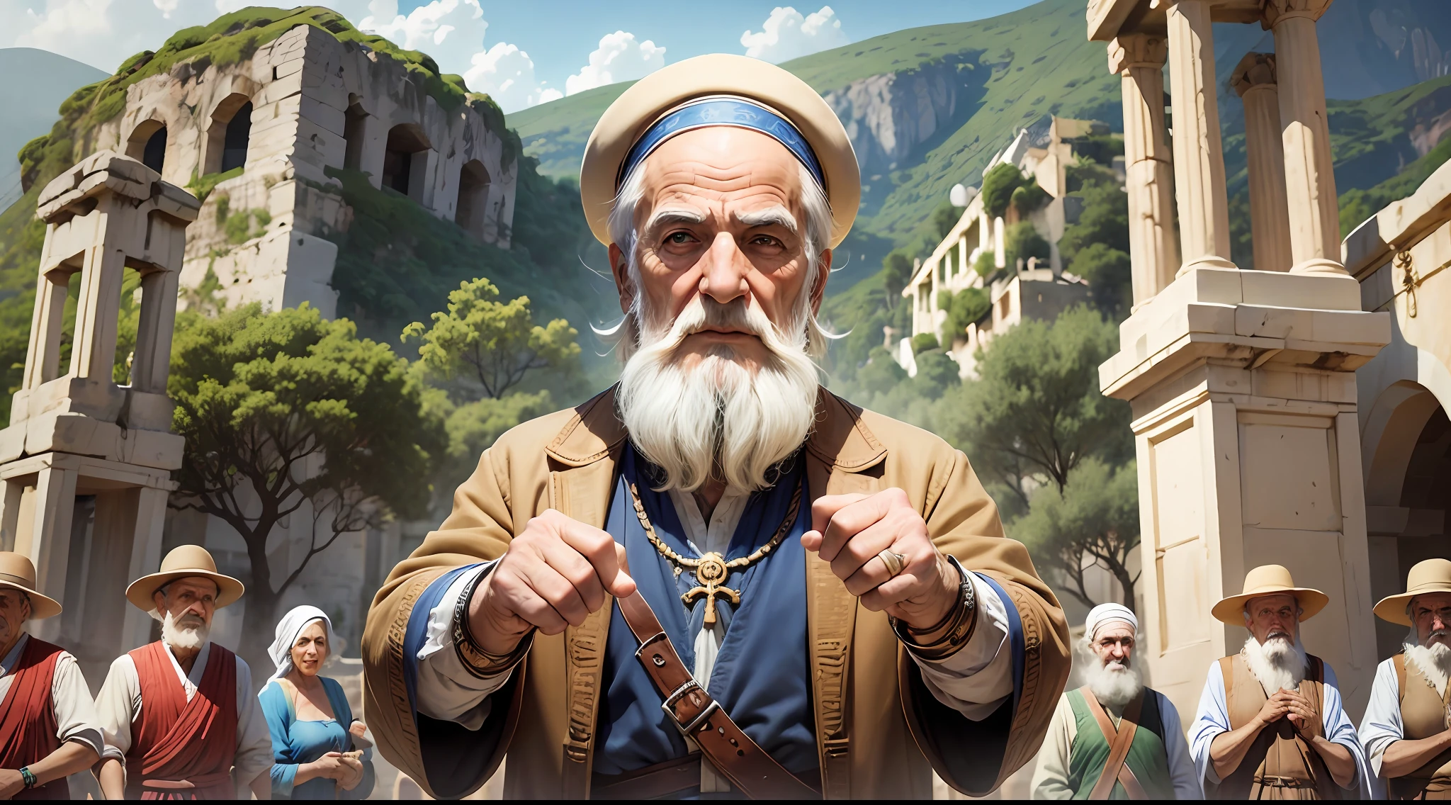 an image with hands pointing fingers at an old Greek person who is in the center of the image --auto --s2