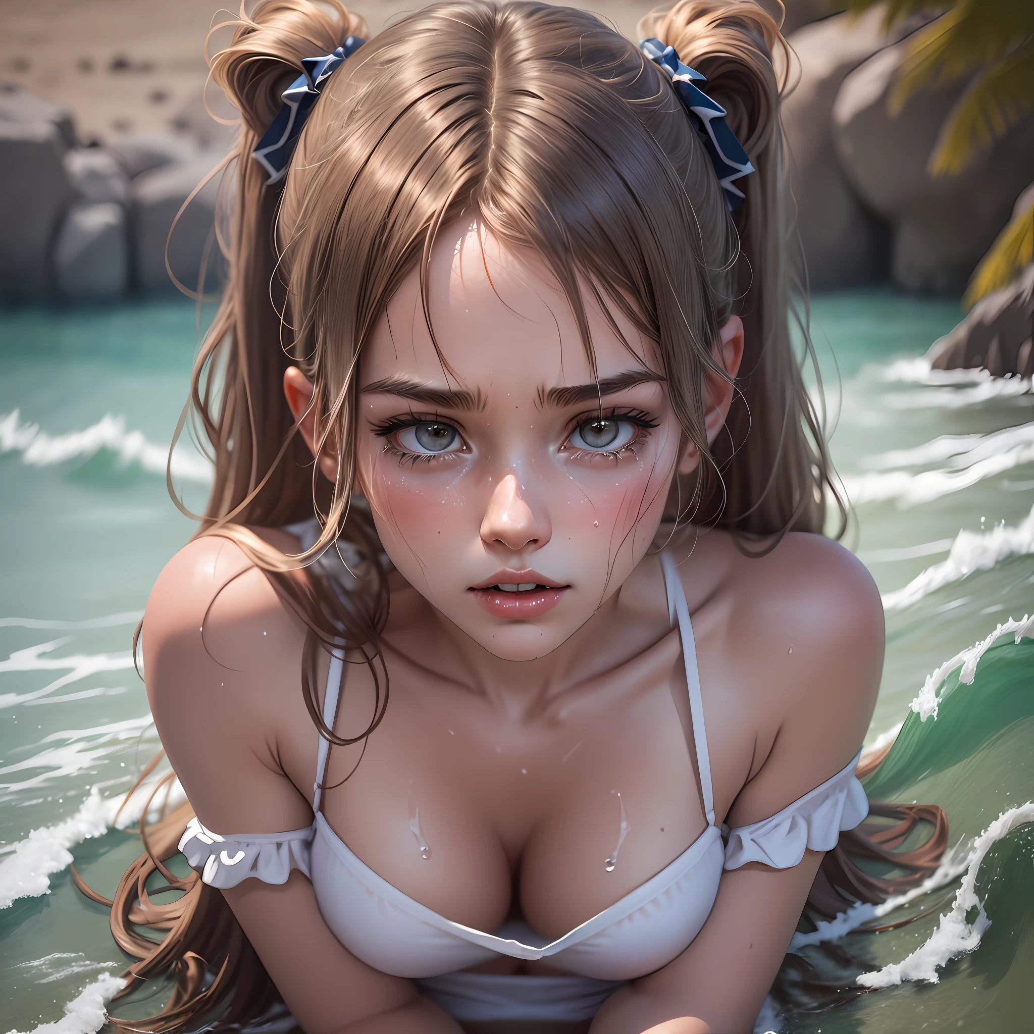 Beautiful girls on the beach, lowered panties, intimate hair visible, blonde with pigtails, legs spread, sexy pose, sexy girls in sexy swimsuits, super quality, realistic photo, wet skin, high detail, 4 girls, moaning in pain, feeling in pain, tears flowing, pain, crying in pain, bust of Botox, 4k highly detailed realistic ((whole body, including legs)), beautiful 18 year old sweaty girl with ((sharp jawline)) and perky tits, wet skin and hair, large breasts, long straight hair, bare lower body, torn, no panties, shirt covered lively), finger under panties, perfect body, open (perfect body), fashion photorealism, high-definition system details, photography, sharpness, unique 850 4, Koda850K portrait camera, f1.6 lens, rich color, hyper-realistic texture, spectacular light texture, surreal art, Cinestil 800 fashion movement, frightened and crying, covered with tears, obeying pain, moaning, correct anatomy, beautiful symmetrical body