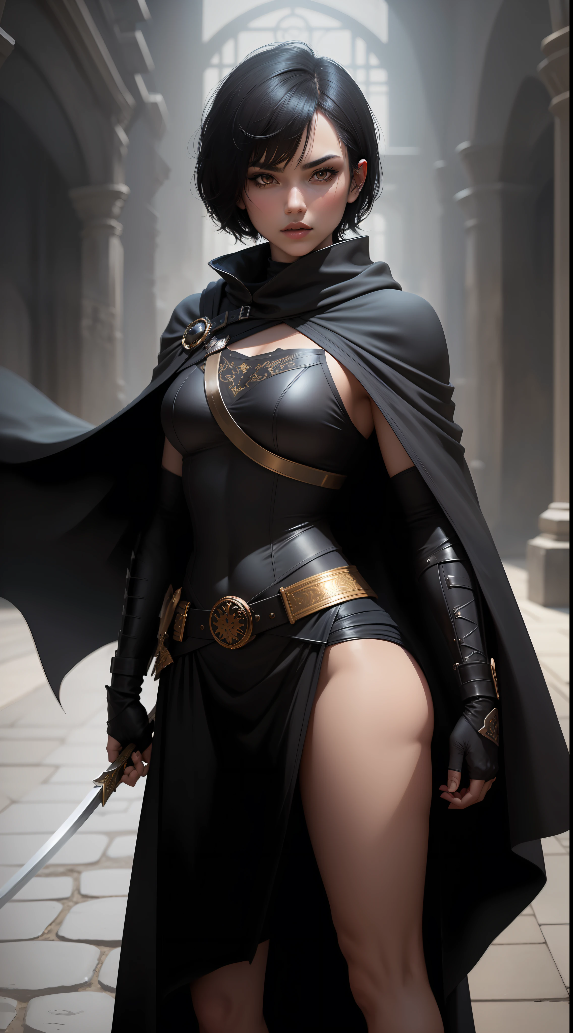 Female character with short black hair, dressed all in black, men's clothes, long black cape, with golden details, black hood,using a sword with black blade,sword pointing to the ground,making pose,looking at the viewer,black katana