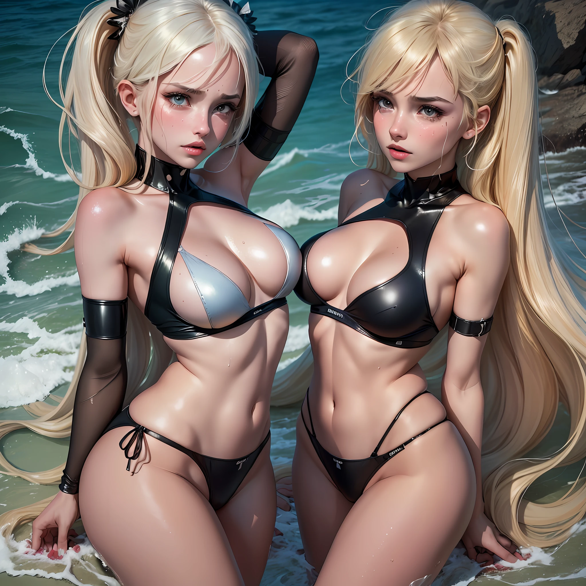 Beautiful girls on the beach, concept art, two angles, one character, intimate hair visible, blonde with pigtails, legs spread, sexy pose, sexy girls in sexy swimsuits, super quality, realistic photo, wet skin, high detail, 4 girls, moaning from pain, feeling pain, tears flowing, pain, crying from pain, bust of Botox, 4k highly detailed realistic ((whole body, including legs)), beautiful 18 year old sweaty girl with ((sharp jawline)) and perky tits, wet skin and hair, big breasts, long straight hair, bare lower body, torn, no panties, shirt covered lively), finger under panties, perfect body, open (perfect body), fashionable photorealism, high-definition system details, photography, sharpness, unique 850 4, Koda850K portrait camera, f1.6 lens, rich color, hyper-realistic texture, spectacular light texture, surreal art, Cinestil 800 fashion movement, frightened and crying, covered with tears, obeying pain, moaning, correct anatomy, beautiful symmetrical body