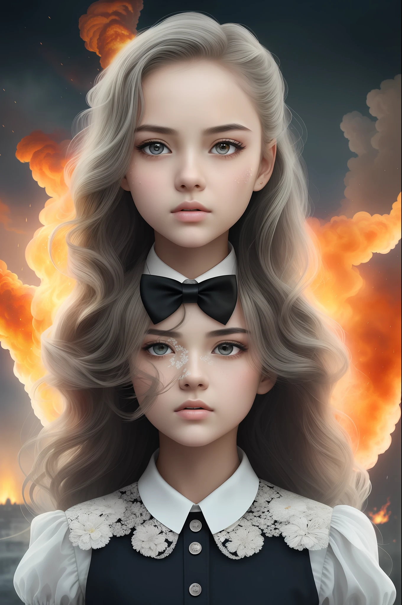 masterpiece,best quality, illustration,{beautiful detailed girl},beautiful detailed glow,(flames of war:1.2),(nuclear explosion behide:1.3),rain,detailed lighting,detailed water,(beautiful detailed eyes:1.1),expressionless,palace,azure hair,disheveled hair,long bangs,hairs between eyes,(whitegrey dress:1.1),black ribbon,white bowties,midriff,big forhead,blank stare,flower,long sleeves