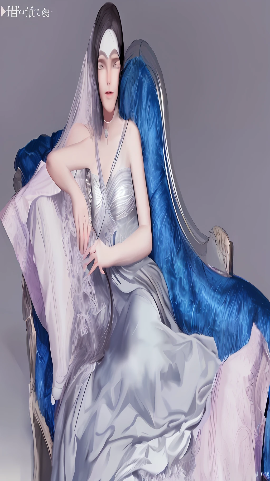 (Best Quality, 8k), Sad, Full Body, Slim Face, Beautiful Woman, (Long White Hair), Full Length Dress : Ultra-detailed face, detailed eyes, double eyelids, blurred background, slim face, aesthetic, classical style, dance