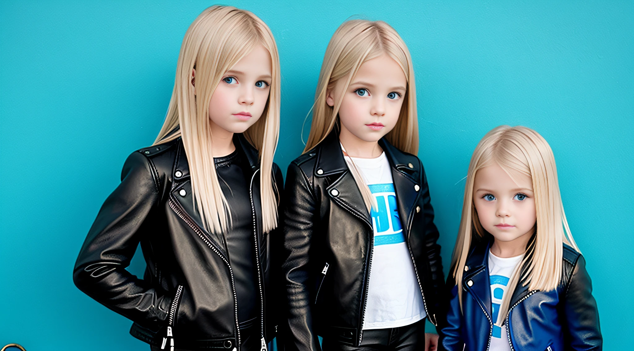 girls blonde children WITH STRAIGHT HAIR, BLUE BACKGROUND, FIRE TORCHES Black leather jacket and black clothing. .
