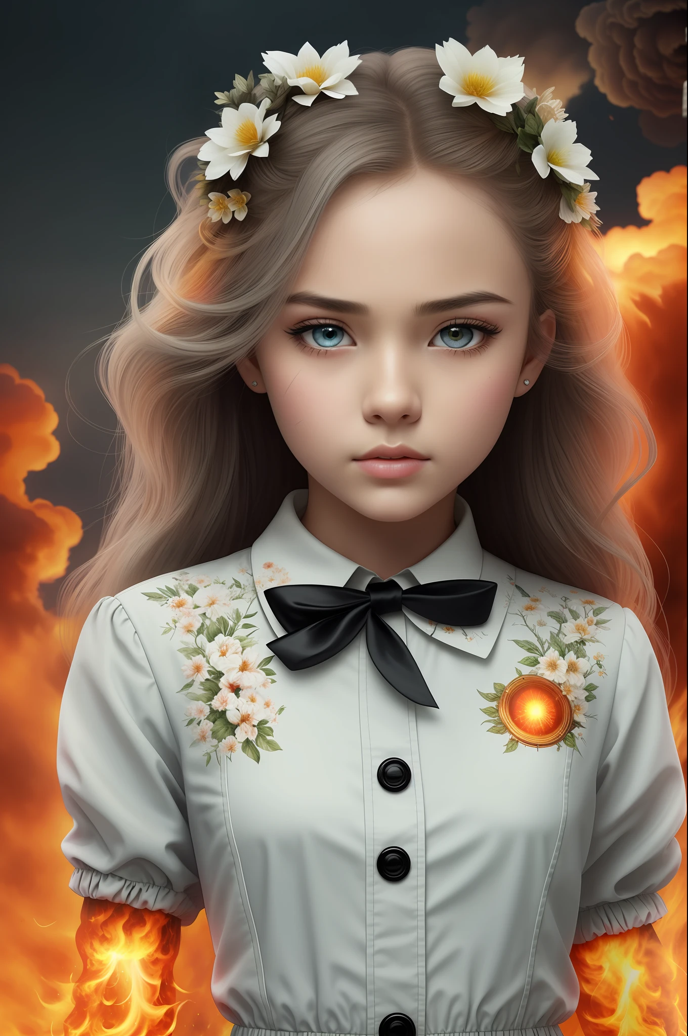 masterpiece,best quality, illustration,{beautiful detailed girl},beautiful detailed glow,(flames of war:1.2),(nuclear explosion behide:1.3),rain,detailed lighting,detailed water,(beautiful detailed eyes:1.1),expressionless,palace,azure hair,disheveled hair,long bangs,hairs between eyes,(whitegrey dress:1.1),black ribbon,white bowties,midriff,big forhead,blank stare,flower,long sleeves
