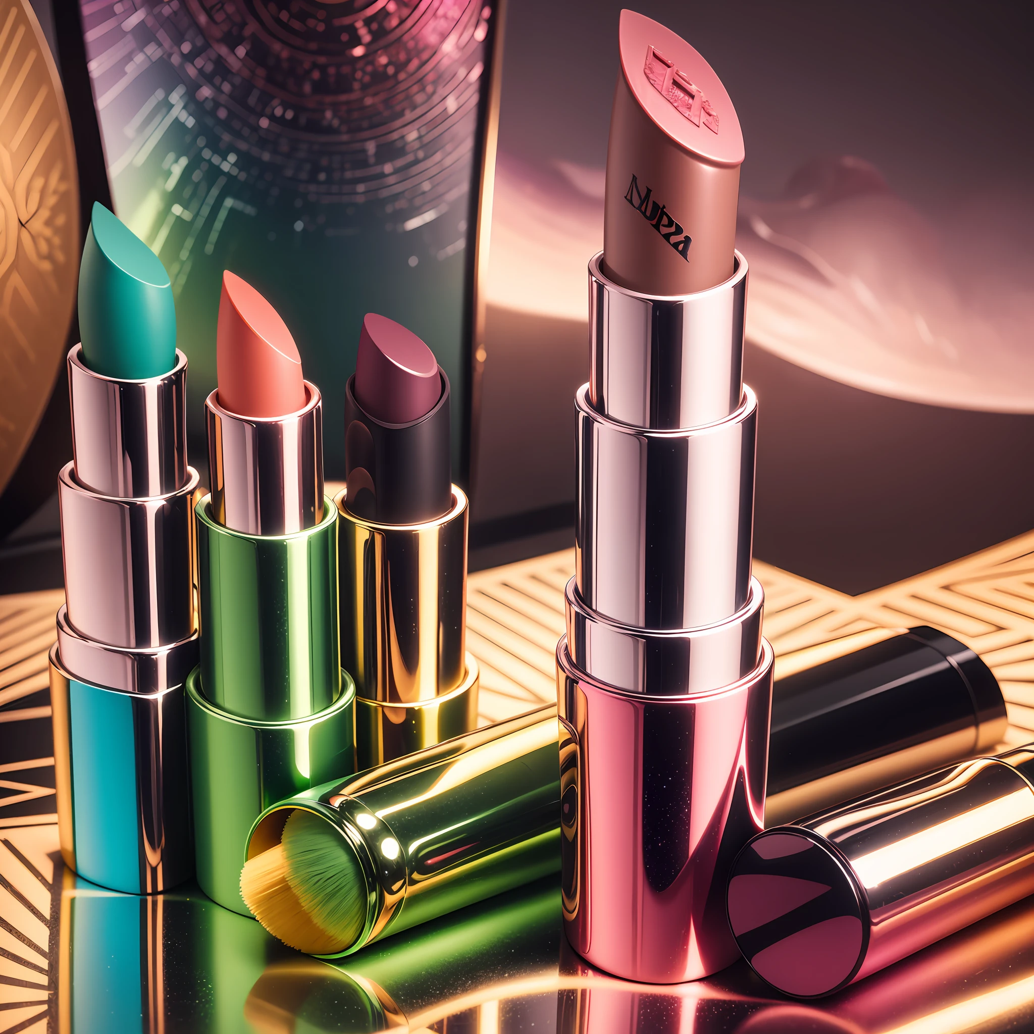 A lipstick product with 4 shades, in the background the aurora borealis, lipstick, makeup, Brazilian woman, apothecary, woman in makeup, four colors in one product. --auto --s2
