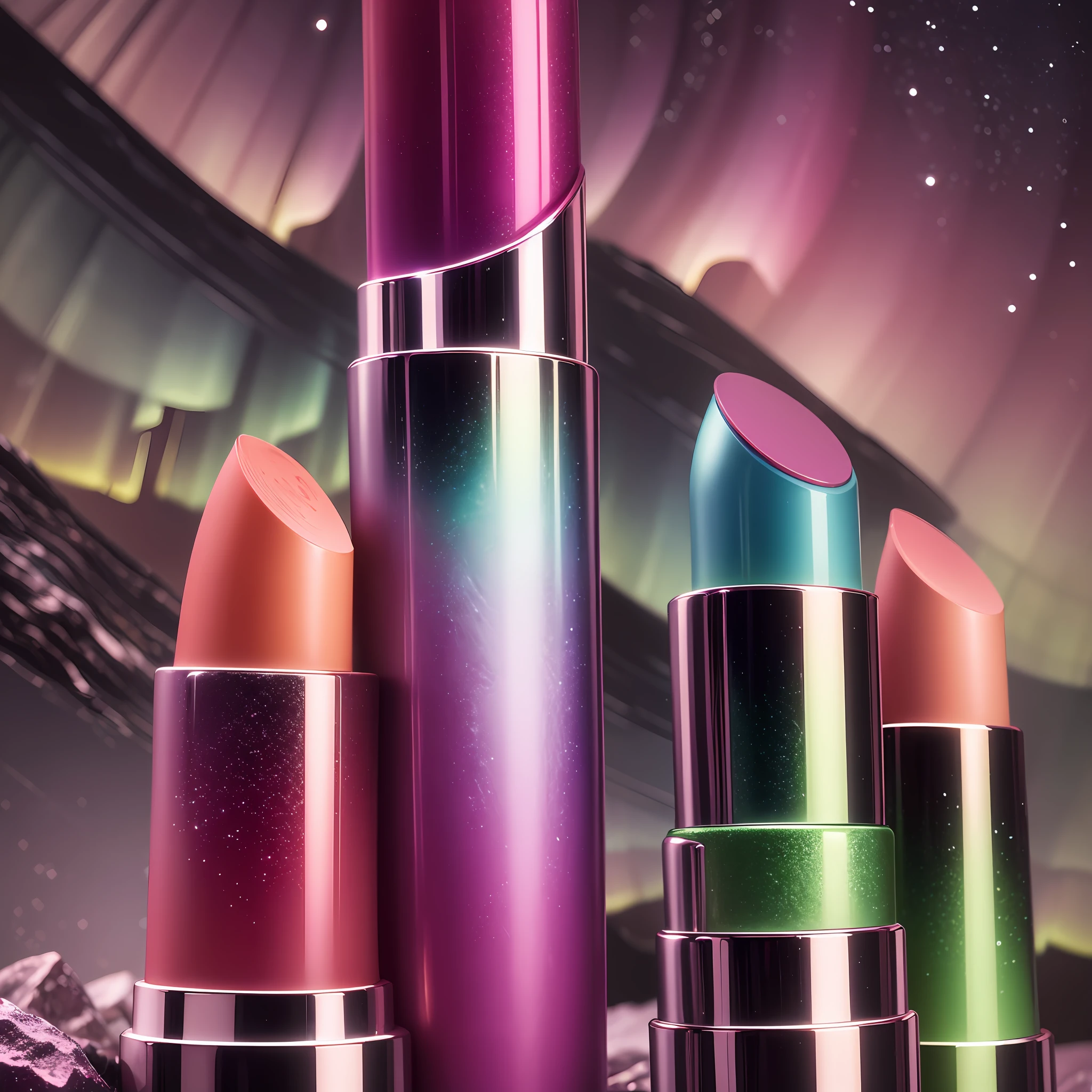 A lipstick product with 4 shades, in the background the aurora borealis, lipstick, makeup, Brazilian woman, apothecary, woman in makeup, four colors in one product. --auto --s2