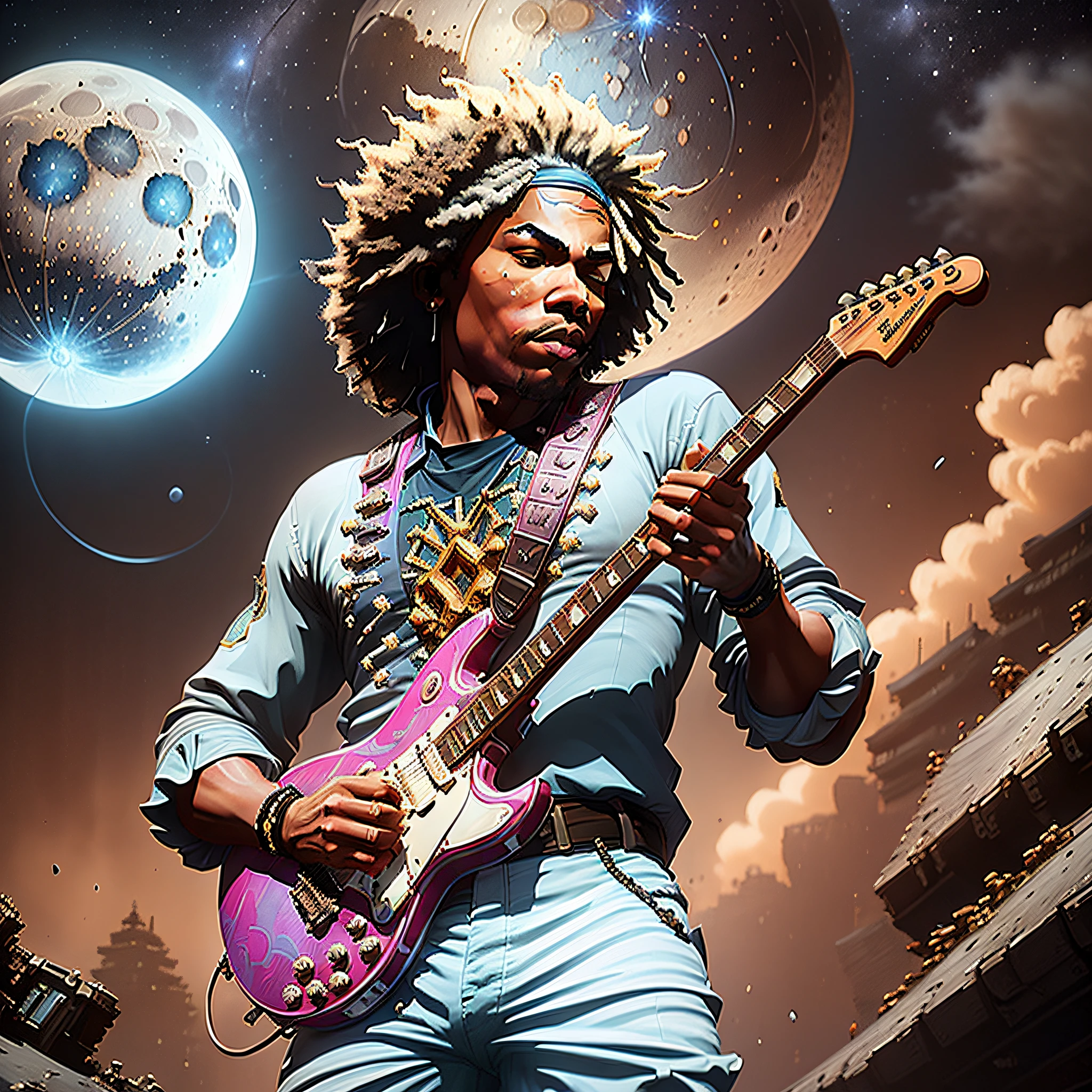 (masterpiece), best quality, ultra-detailed, an extremely delicate and beautiful, dynamic pose of (Jimmy Hendrix) playing guitar on the moon, unique lighting effect, black and white with a hint of blue, surreal atmosphere,8k