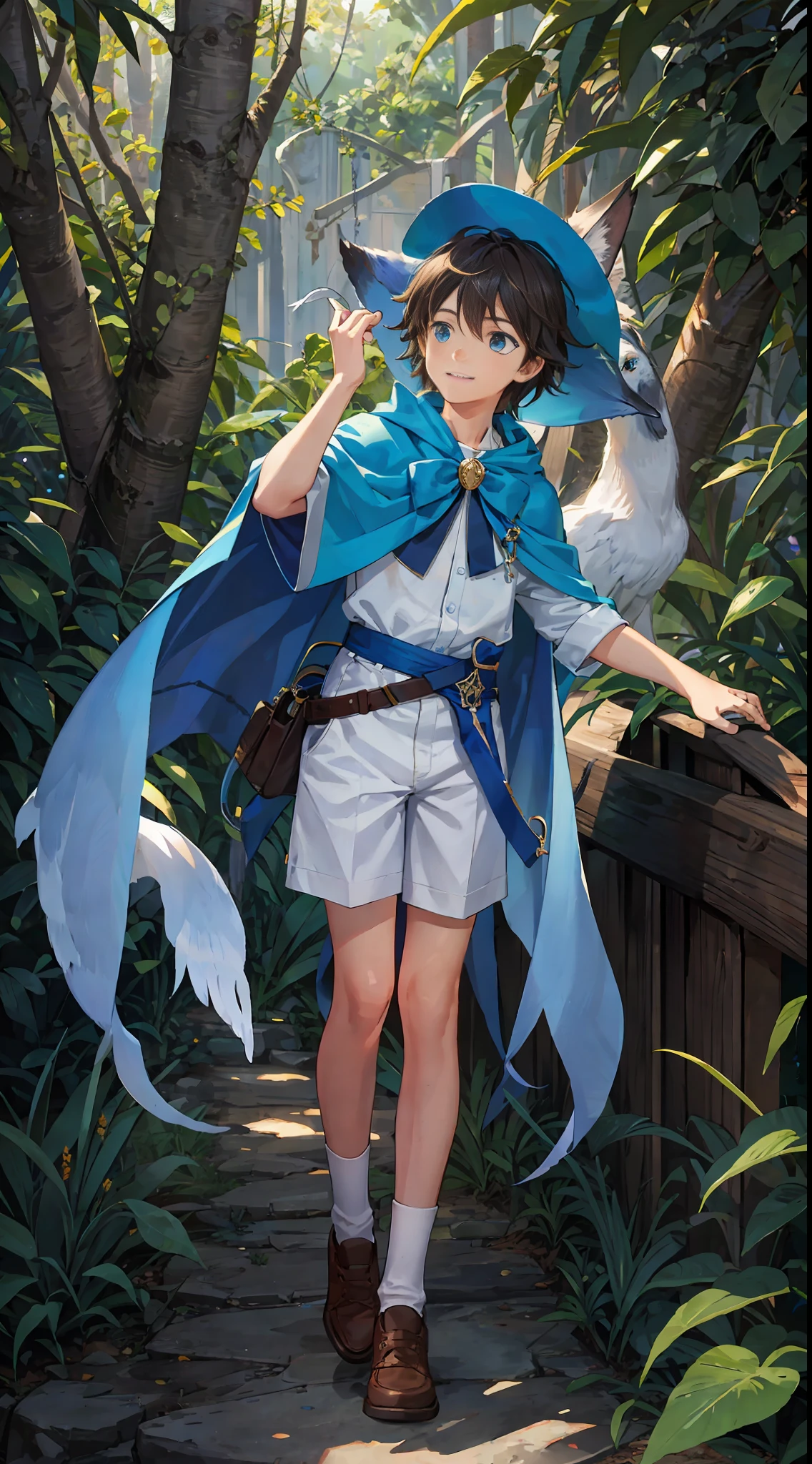 (masterpiece), (best quality), hdr, realistic, sun, in a grove, strong edge of light, beautiful detailed sky, shadow, wallpaper, camera-facing, (Keep medium distance from camera), (child solo boy), adventurous hat, earrings, bow, white shorts, blue with accessories, long capelete, blue cape, brown hair, medium hair, Look close, detailed background, whole body,  loose birds "radiant colorful", (super detailed, realistic perfect strokes), ( perfect strokes ultra realistic), (bright blue fox) super well done realistic, boy smiling, happy, background animals, animals look at boy, celestial harmony park, wide view, 8k ultra HD, HDR, "realistic focus"