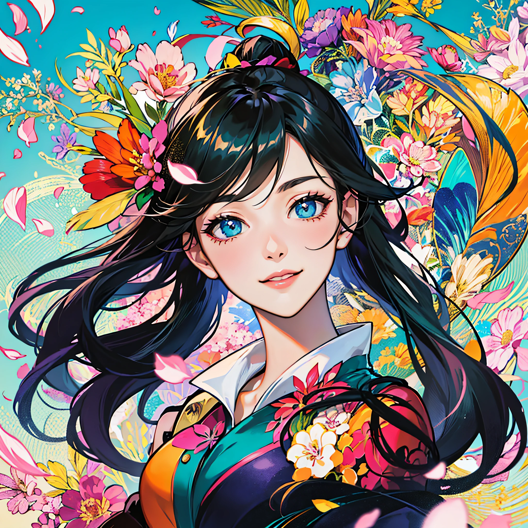 masterpiece, best quality, {best quality}, {{masterpiece}}, {highres}, focus, anime style, a closeup of a cartoon of a woman, 1girl, girl design, portrait, giesha, anime image, polished and powerful look, exotic, happy, cheerful, flowers, sheep, 2d, art, art, drawing, drawing, colorful background, flying petals, petals, orange sky, smiling --auto --s2