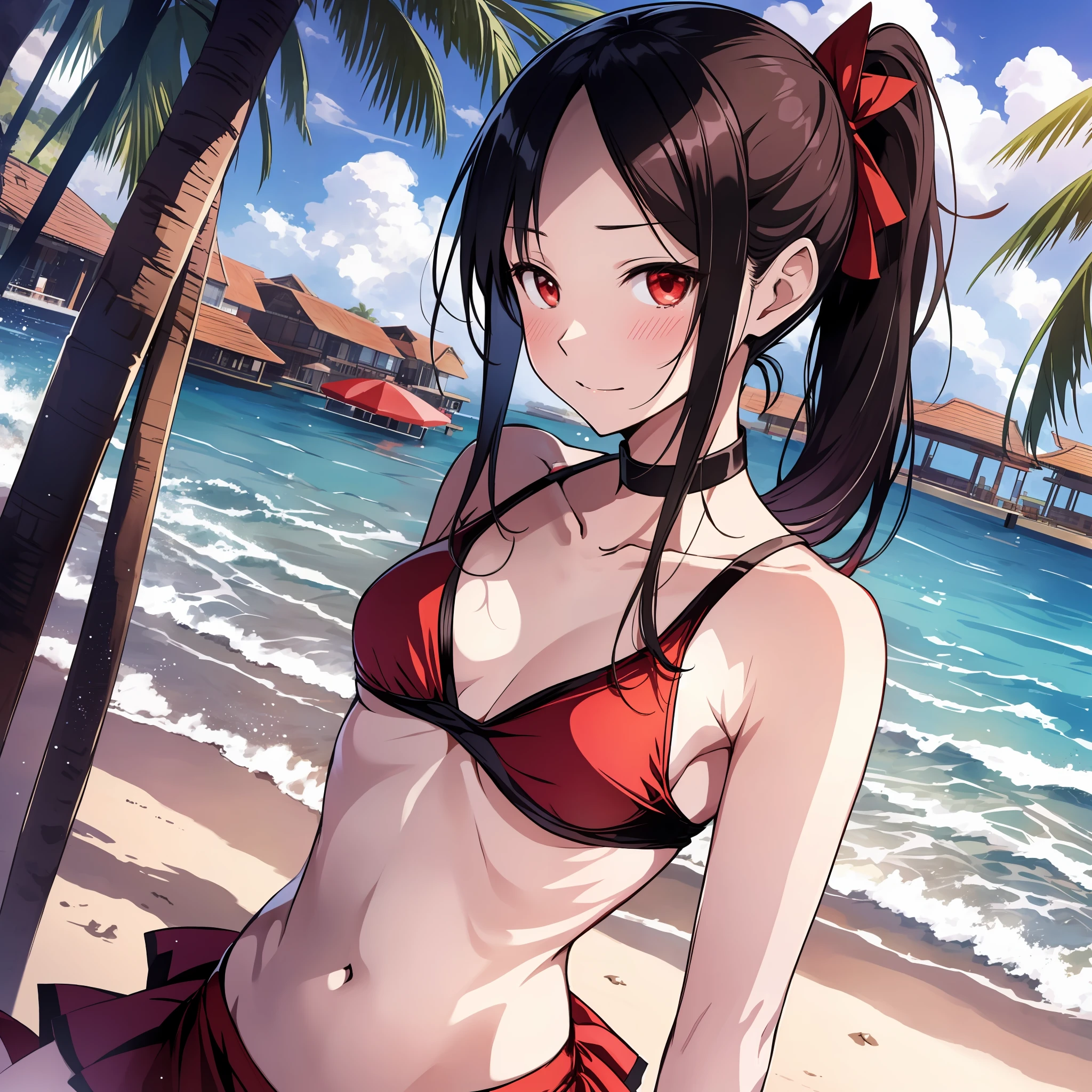 kaguya shinomiya, happy, wearing trendy clothing at a beach, Slender, skinny, Flat Chest, small breasts, (folded ponytail), red ribbon, highest quality, high resolution.