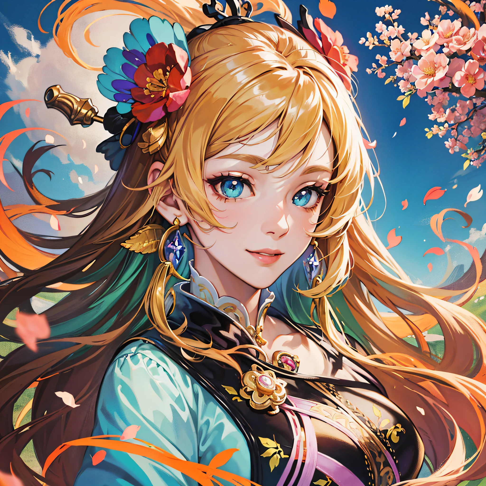 masterpiece, best quality, {best quality}, {{masterpiece}}, {highres}, focus, anime style, a closeup of a cartoon of a woman, 1girl, girl design, portrait, giesha, anime image, polished and powerful look, exotic, happy, cheerful, flowers, sheep, cute, kawaii, cute, 2d, art, art, drawing, drawing, colorful background, flying petals, petals, orange sky, smiling --auto --s2