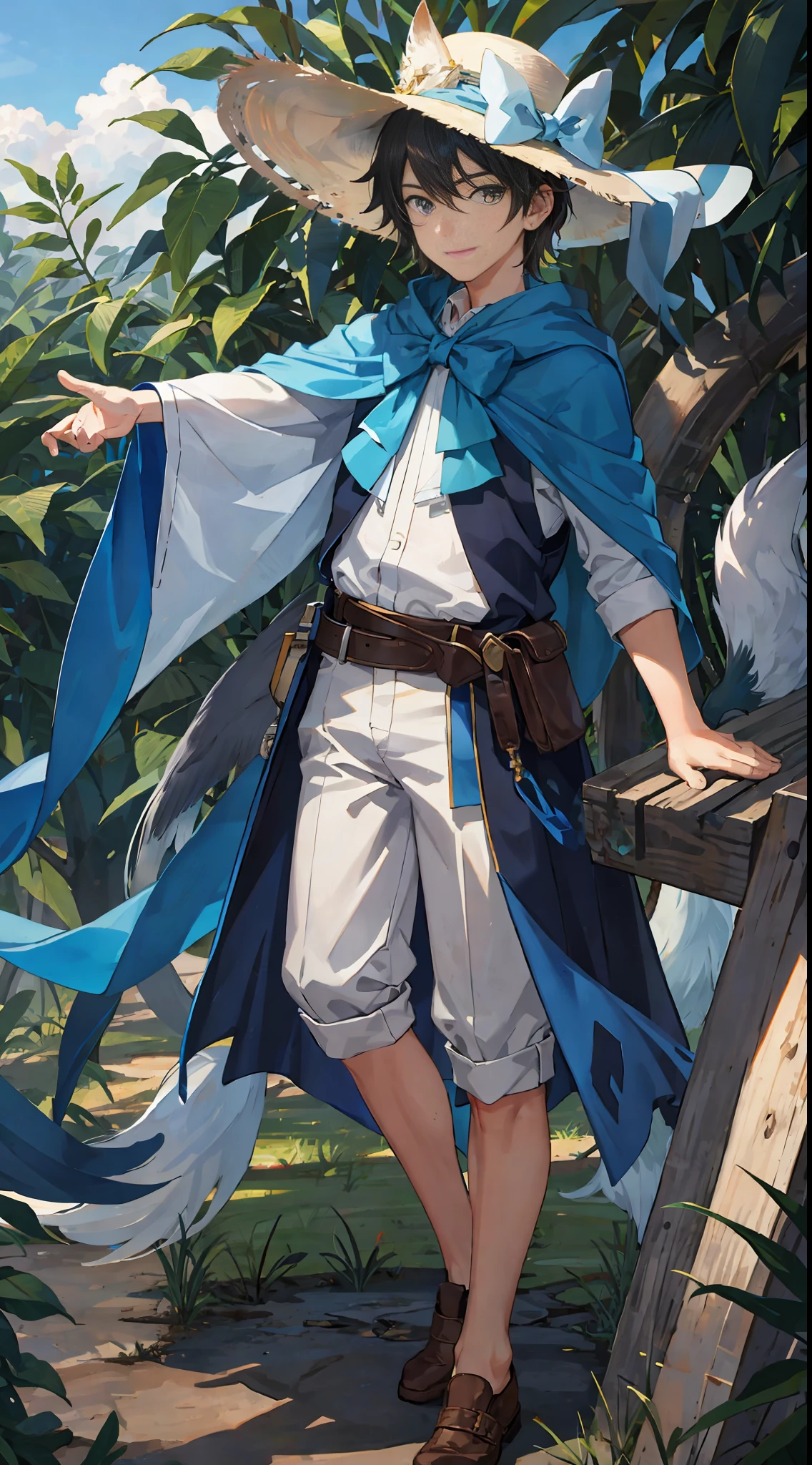 (masterpiece), (best quality), hdr, realistic, sun, in a grove, strong edge of light, beautiful detailed sky, shadow, wallpaper, camera-facing, (Keep medium distance from camera), (child solo boy), adventurous hat, earrings, bow, white shorts, blue with accessories, long capelete, blue cape, brown hair, medium hair, Look close, detailed background, whole body, loose birds "radiant colorful", (super detailed, realistic perfect strokes), ( perfect strokes ultra realistic), (bright blue fox) super well done realistic, boy smiling, happy, background animals, animals look at boy, celestial harmony park, wide view, 8k ultra HD, HDR, "realistic focus"