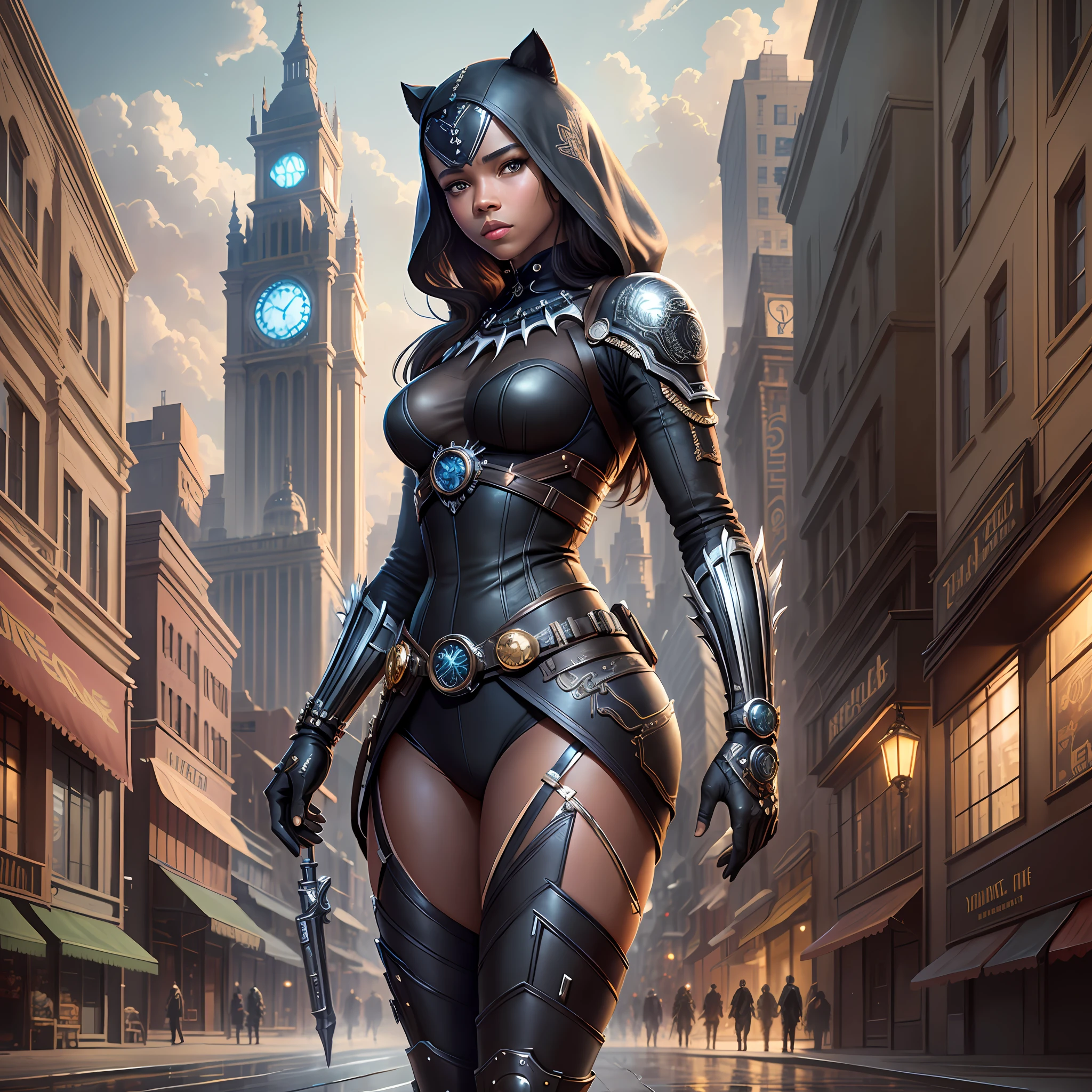 Delicate composition, hyper detailed, best quality, steampunk, cinematic light,
(beautiful detailed background: 1.2), (street side: 1.2) black panther movie