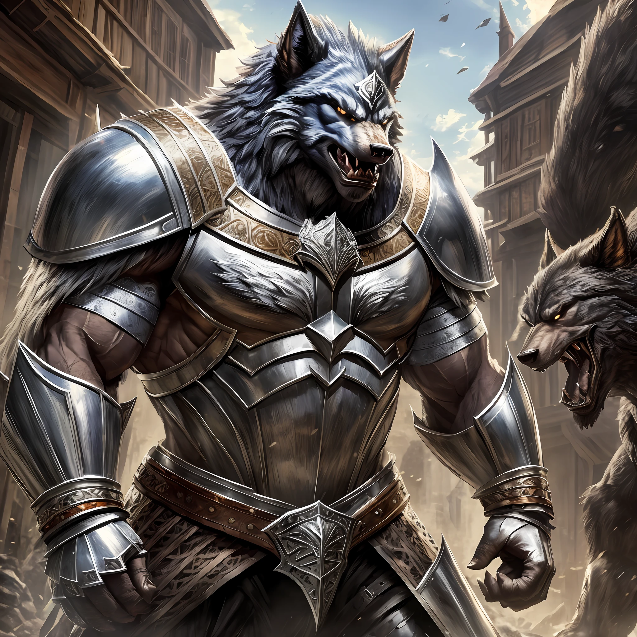 Young giant man wide muscular werewolf, wearing a medieval Armor, large shoulder pads, silver breastplate and a furry cape, angry, fighting, outside a tavern, Realistic, Full HD, best quality