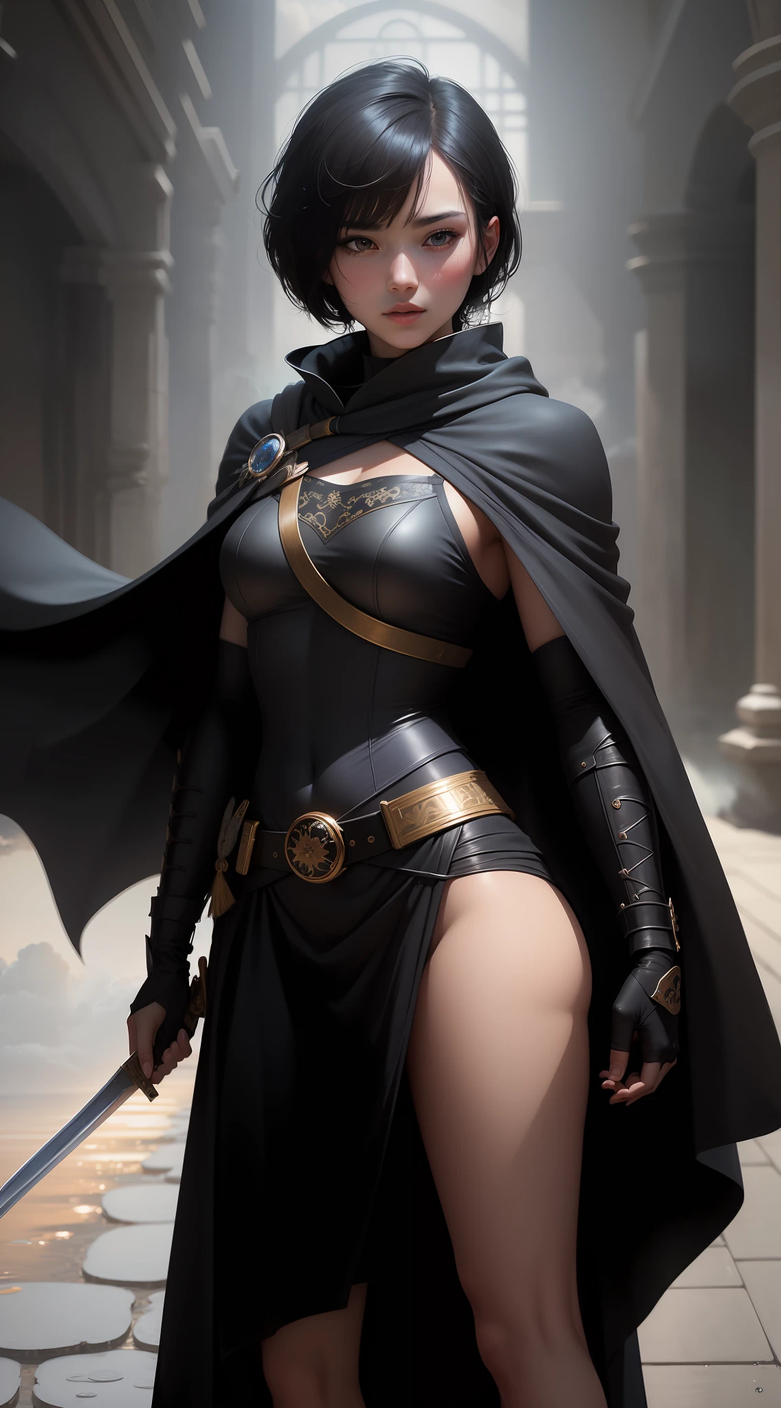 "((masterpiece)), the best quality, ultra-roof, CG illustration with 8k resolution, a delicate and beautiful air, dynamic angle, dynamic pose, the (girl) holding a sword with corrected fingers. White wuxia clothes, ribbon on the neck, beautiful face, clouds, sunsets, drops of water and water, together creating a wide hand-painted scene."