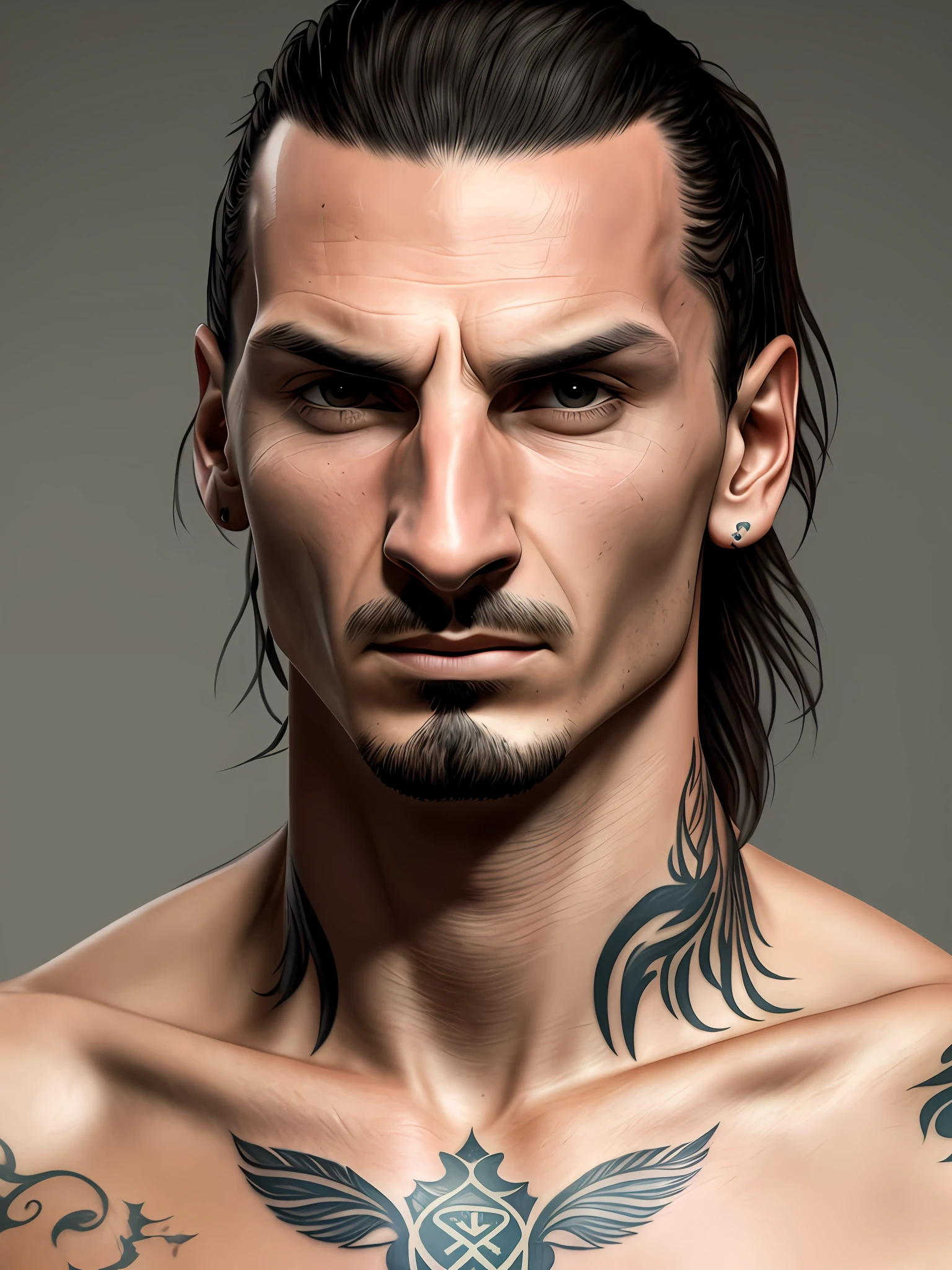 realistic style, masterpiece, best quality, 8k, artstation, sharp focus, ultra-realistic, high details, raw photo of Ibrahimovic, with angry expression,with tattoo