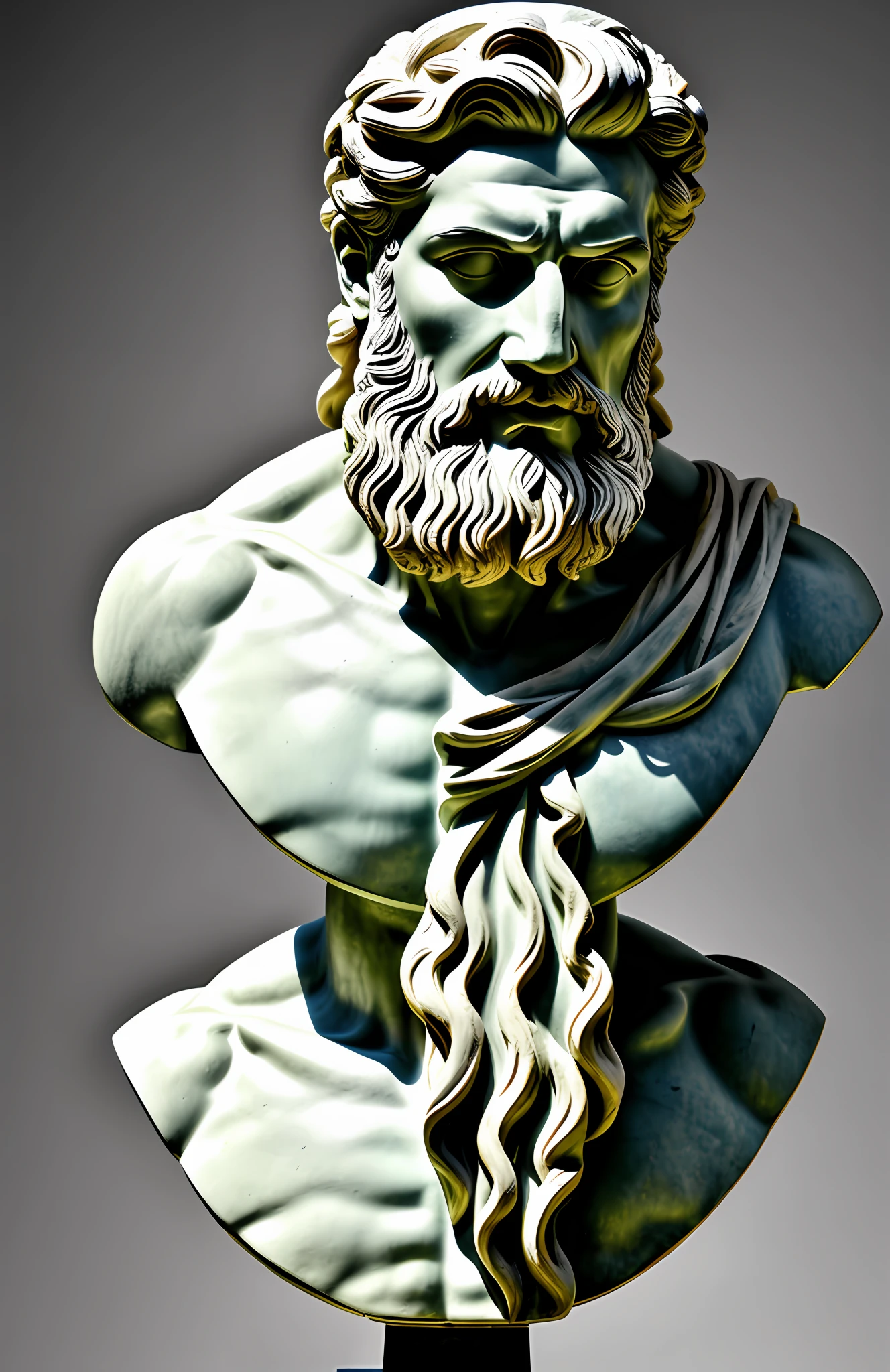 Greek sculpture, sigma, high quality, detailed, 4k, detailed body, Zeus, realistic shadows, highly detailed, bust, blindfolded