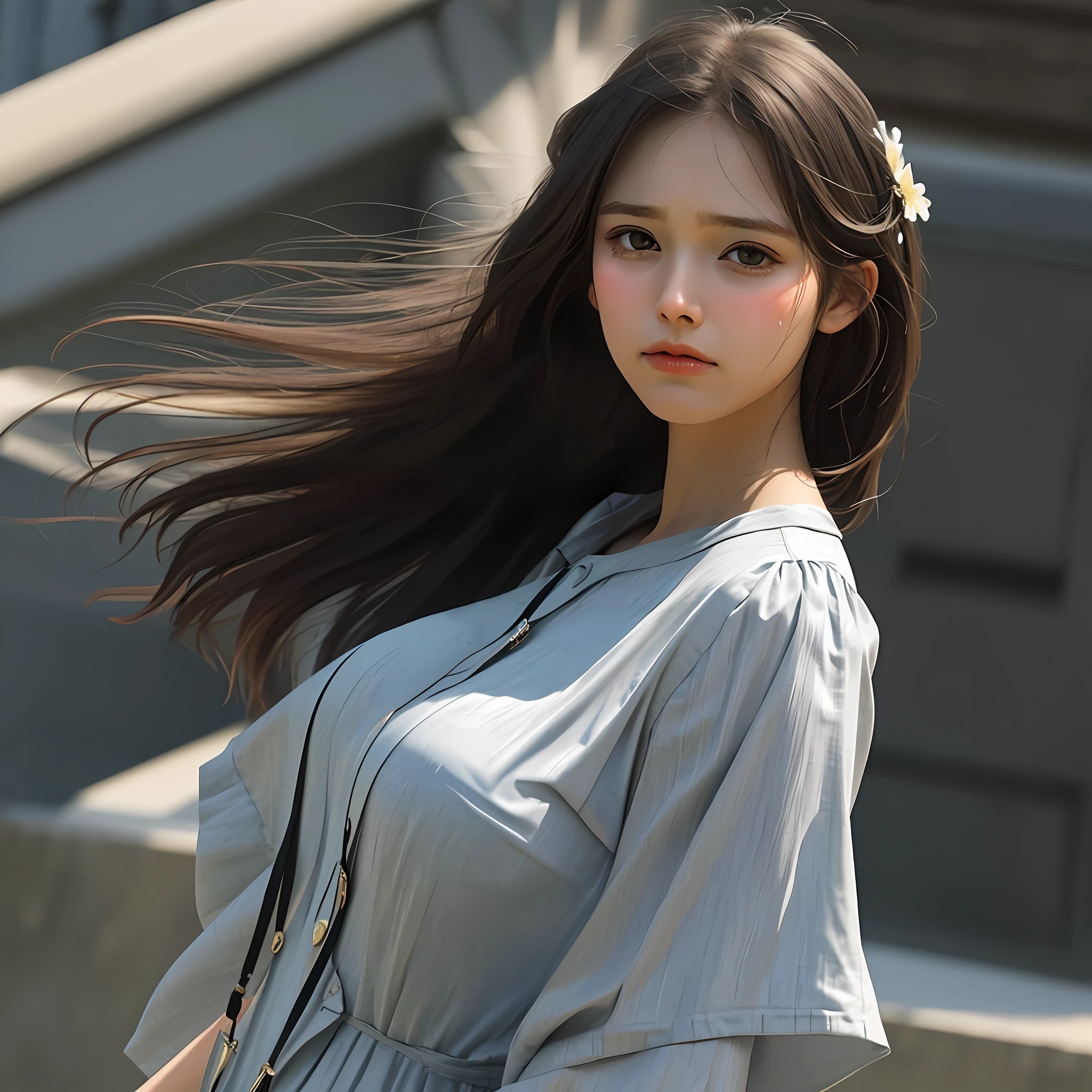 Big, staring face, from an angle, touching breasts, one woman, eyes about to cry