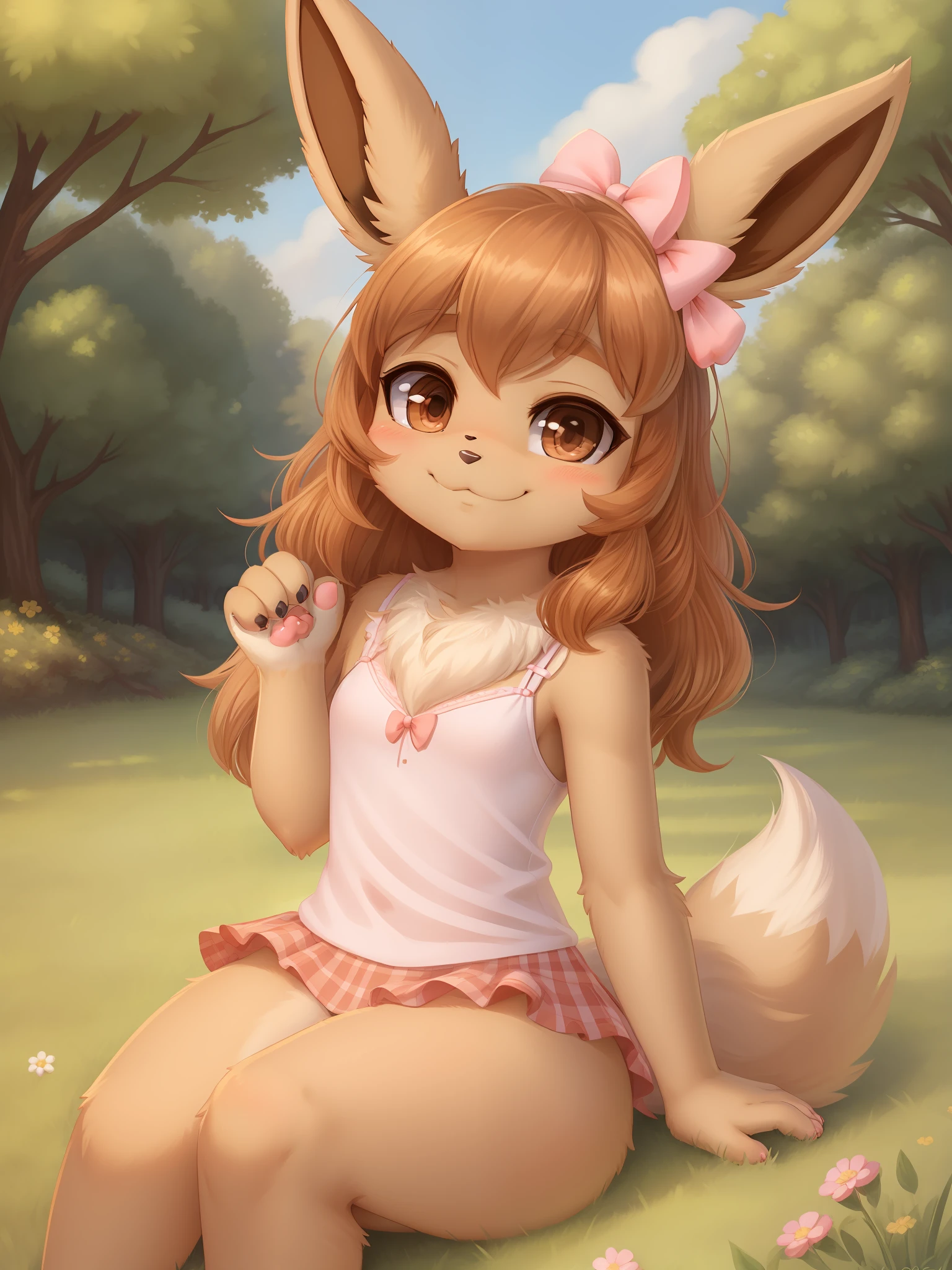 pokekid, eevee, fluffy girl, furry girl, female, smile, smiling, has a big pretty bow in her hair, has animal paws for hands, 1girl, best quality, outdoors, high definition, cute,