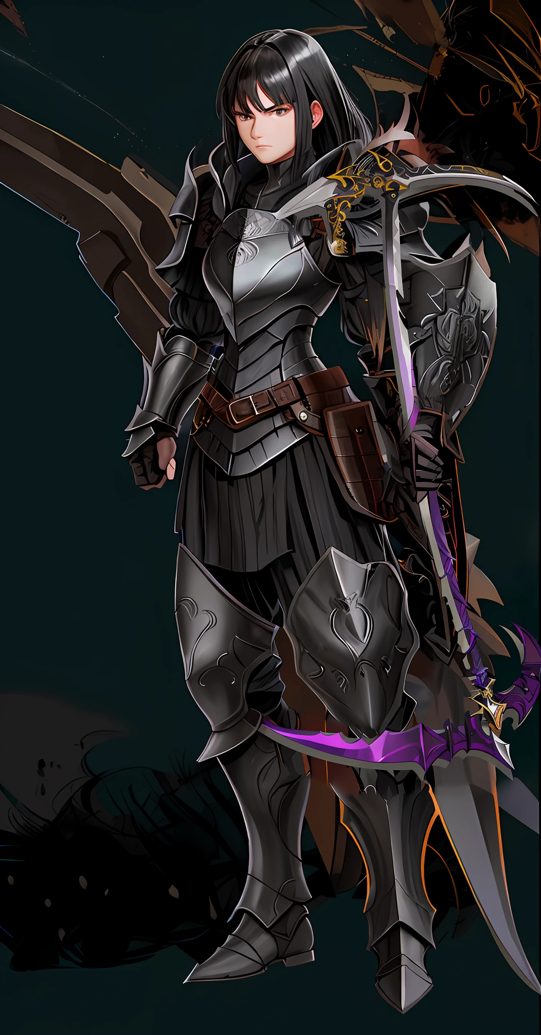 Robust armor, serious look, black hair, black hair, strong armor.