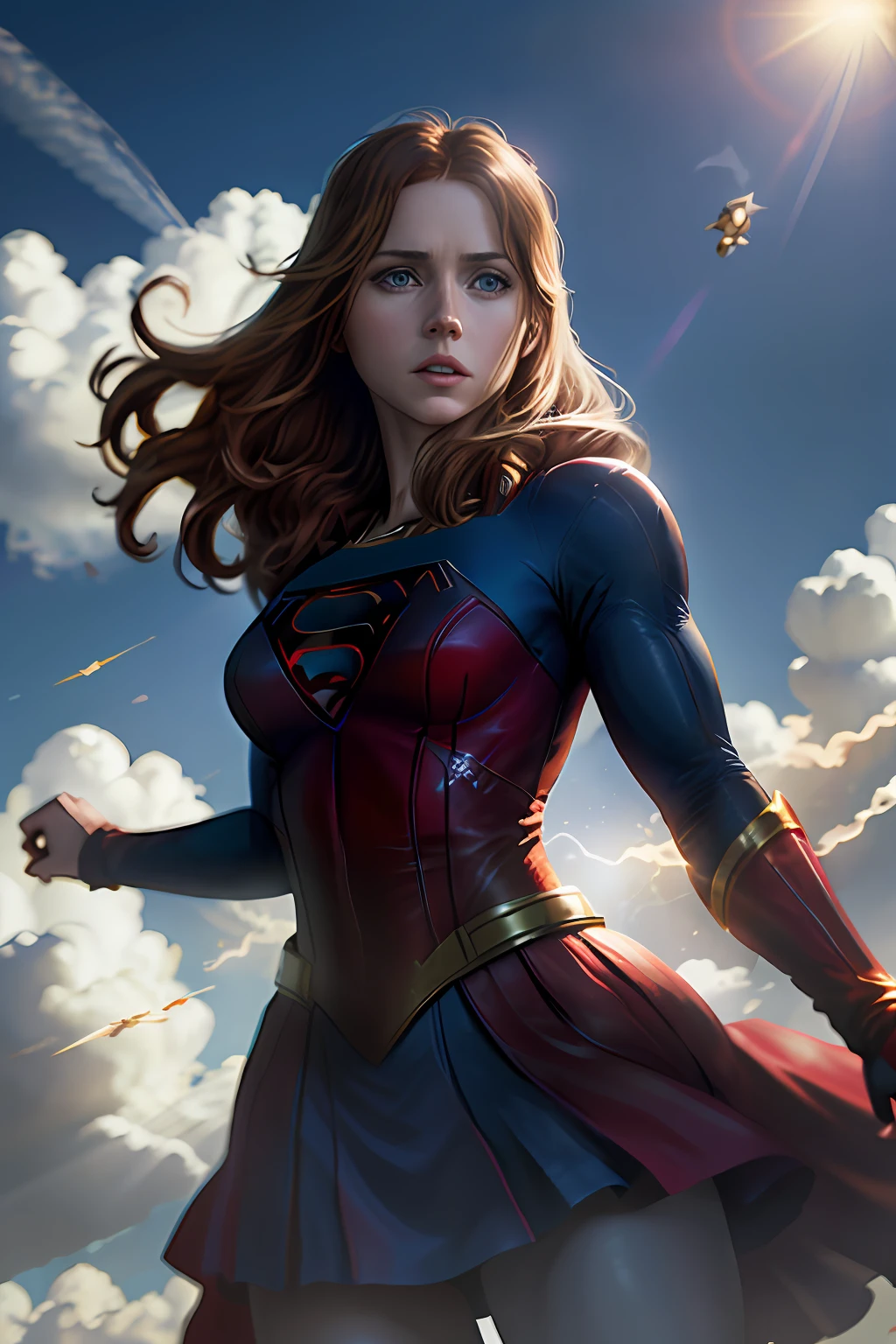Amy Adams as Supergirl, realistic, high definition, ultra resolution, Amy Adams well detailed, 64k, cinematic, great lighting, Amy Adams flying in the blue sky with a beautiful day