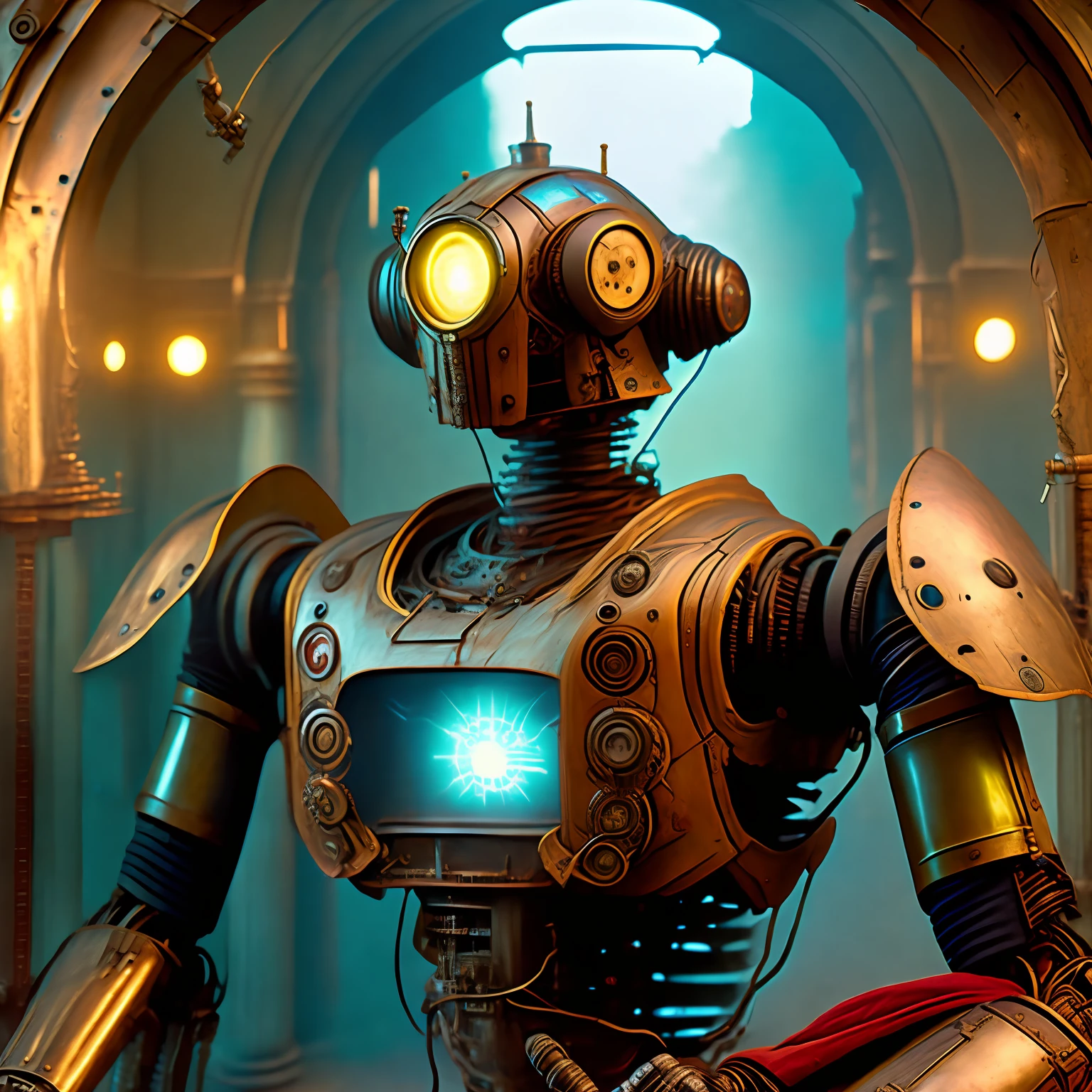 "(A robot:1.3), in steampunk style, suffers from the harsh consequences of life. With a carefully planned (cinematic lighting:1.3) and a spectacular setting, this drama (cinema film drama:1.3) transports the viewer to a fantasy world in which the line between reality and fiction is thin."