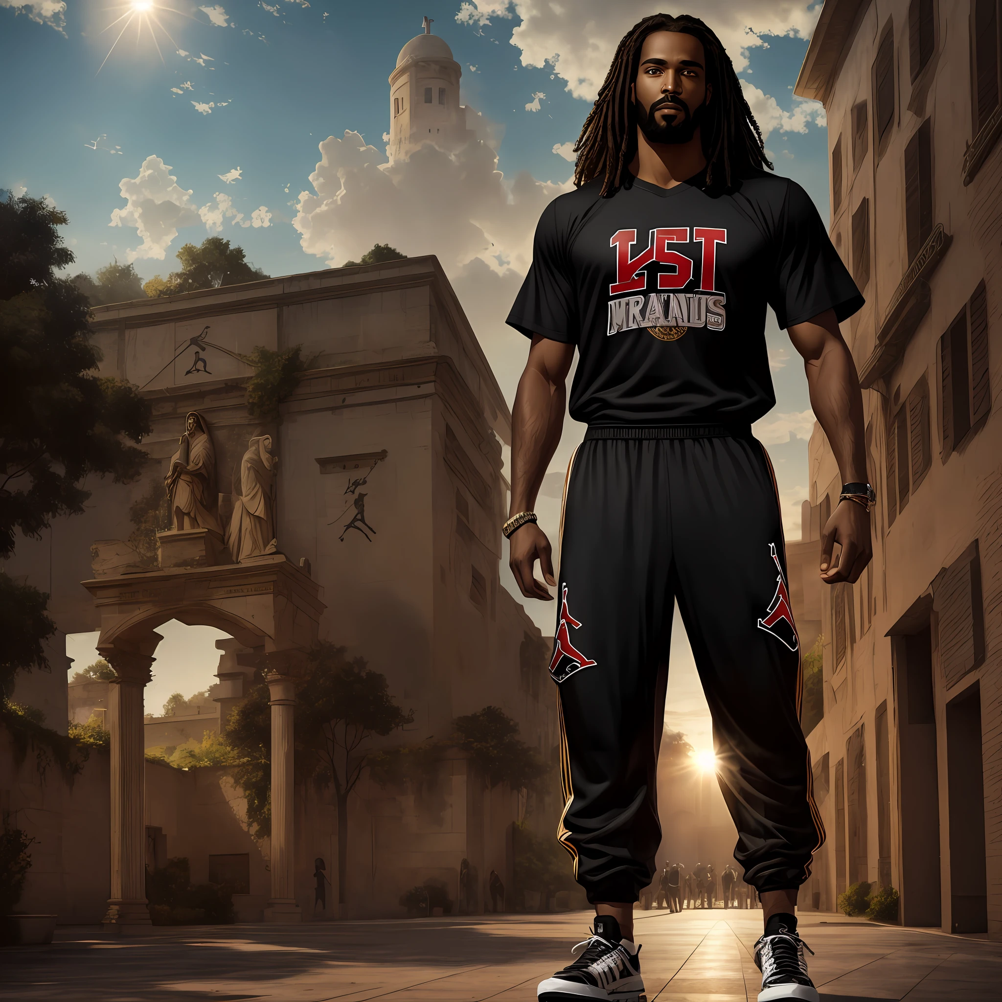Make an image of Black Jesus with the most expensive brand clothes in the world hunting a Jordan, HDR, realistic, comic, masterpiece, scenery basketball court, Nike shirt, Adidas pants.