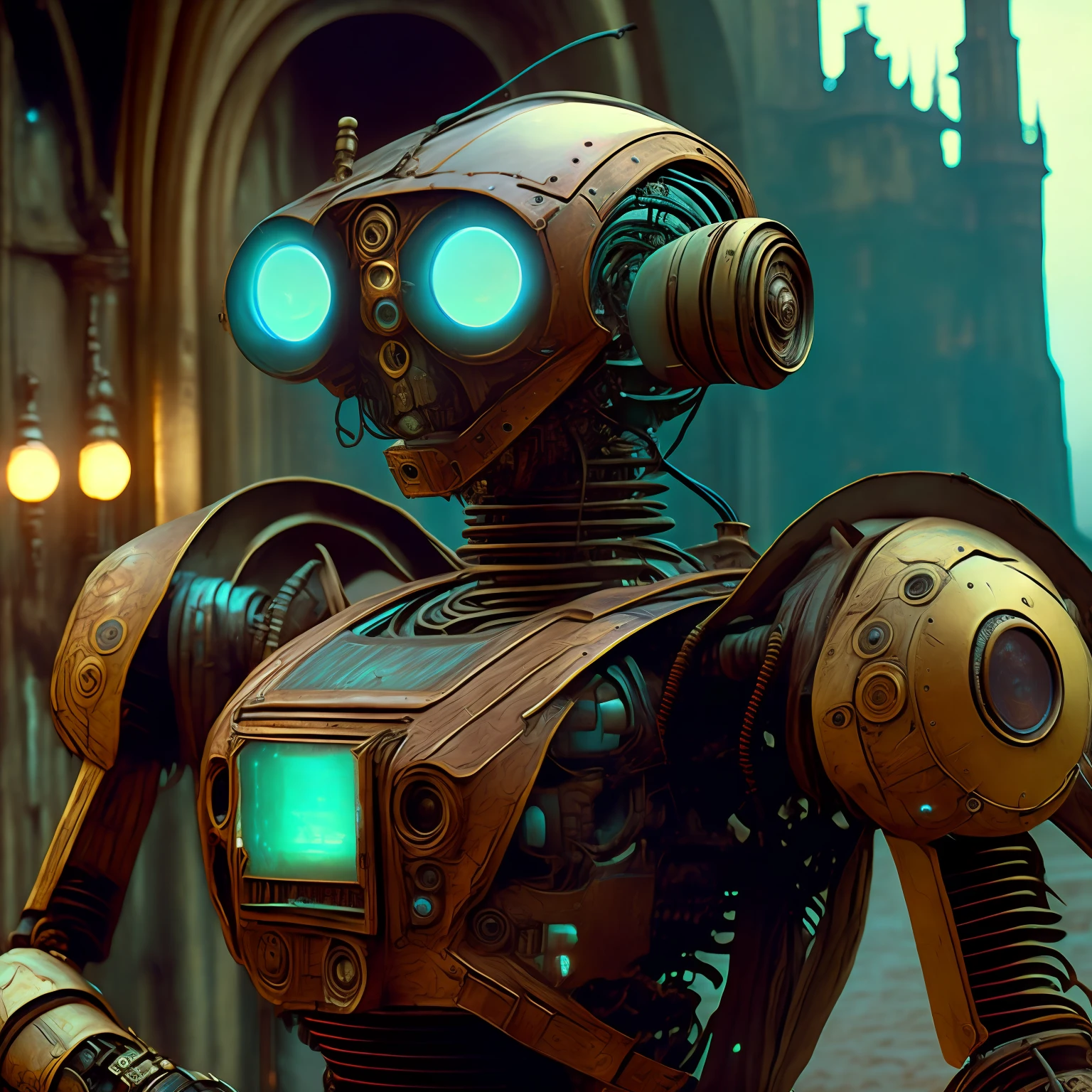 "(A robot:1.3), in steampunk style, suffers from the harsh consequences of life. With a carefully planned (cinematic lighting:1.3) and a spectacular setting, this drama (cinema film drama:1.3) transports the viewer to a fantasy world in which the line between reality and fiction is thin."