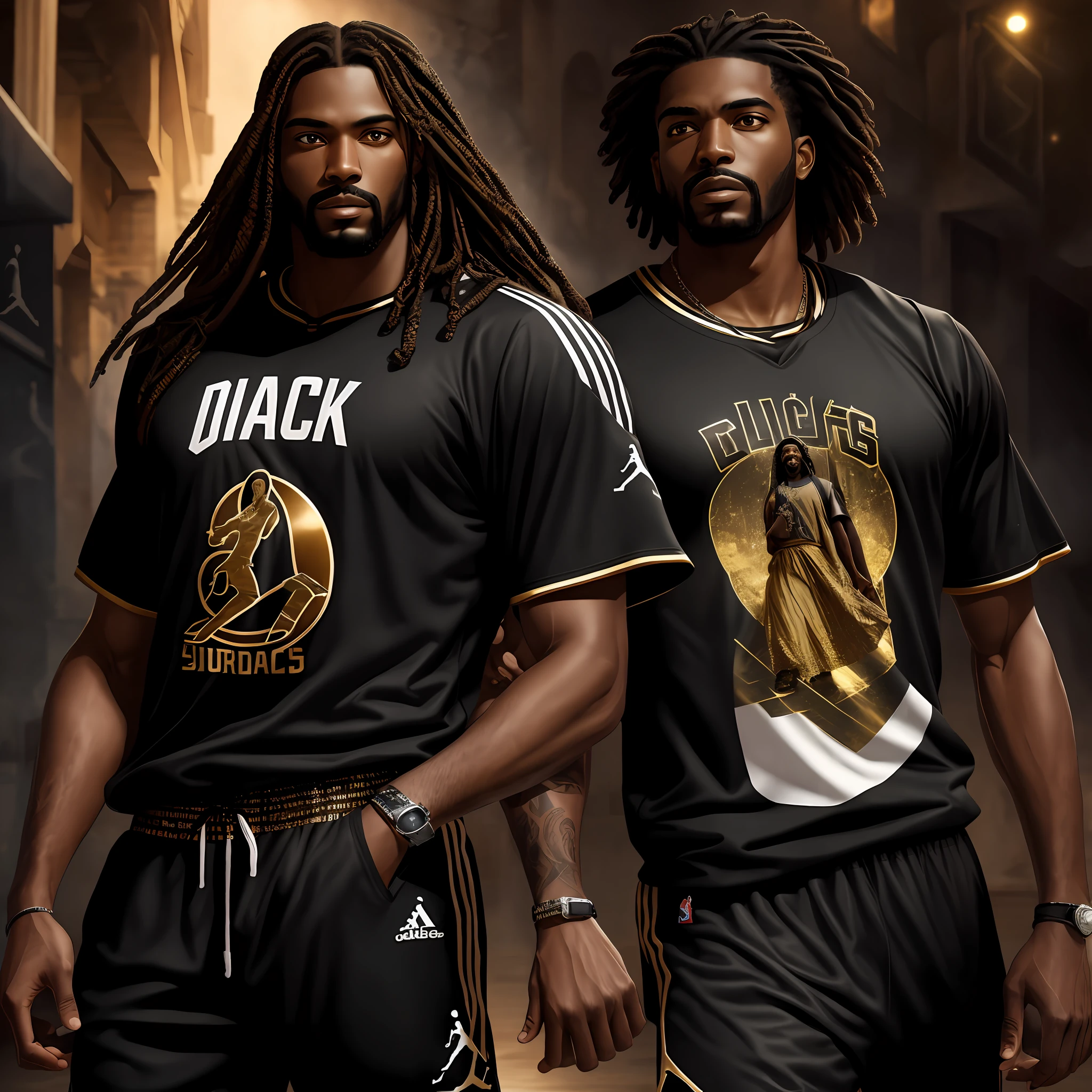 Make an image of Black Jesus with the most expensive brand clothes in the world hunting a Jordan, HDR, realistic, comic, masterpiece, scenery basketball court, Nike shirt, Adidas pants.