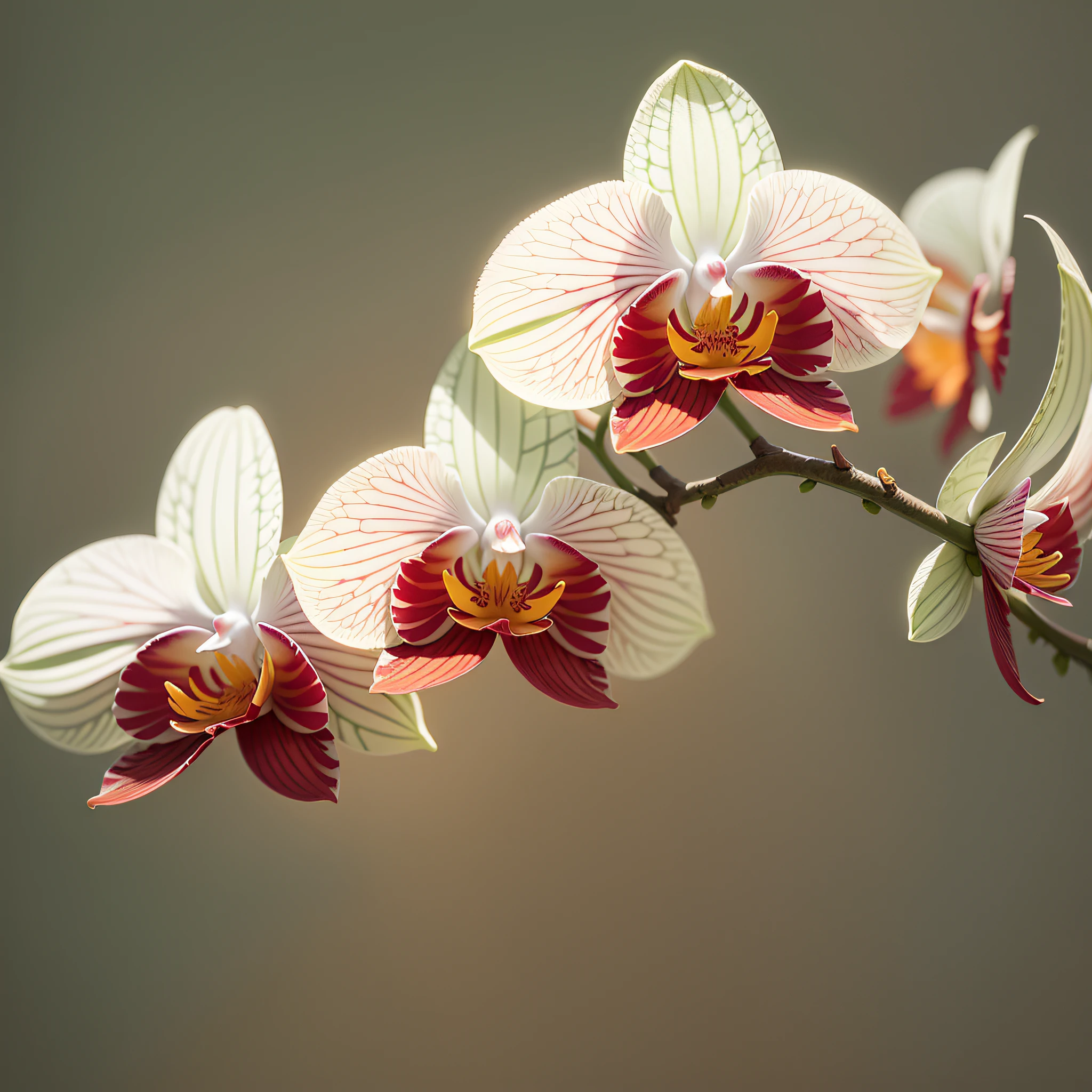 flower orchids blooming on a twisted branch against a gray background, simple background, in light orange and light beige style, minimalist images, photographic installations, paleocore, green and crimson, hyper-realistic poetic intimacy 768X2048 --auto --s2