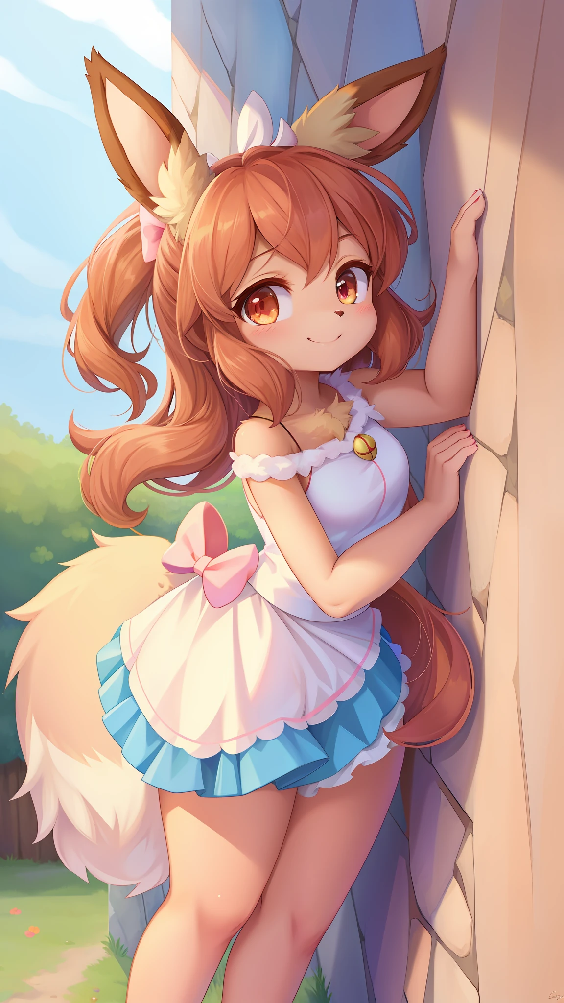 pokekid, eevee, fluffy girl, furry girl, female, smile, smiling, has a big pretty bow in her hair, has animal paws for hands, 1girl, best quality, outdoors, high definition, cute, stuck in wall