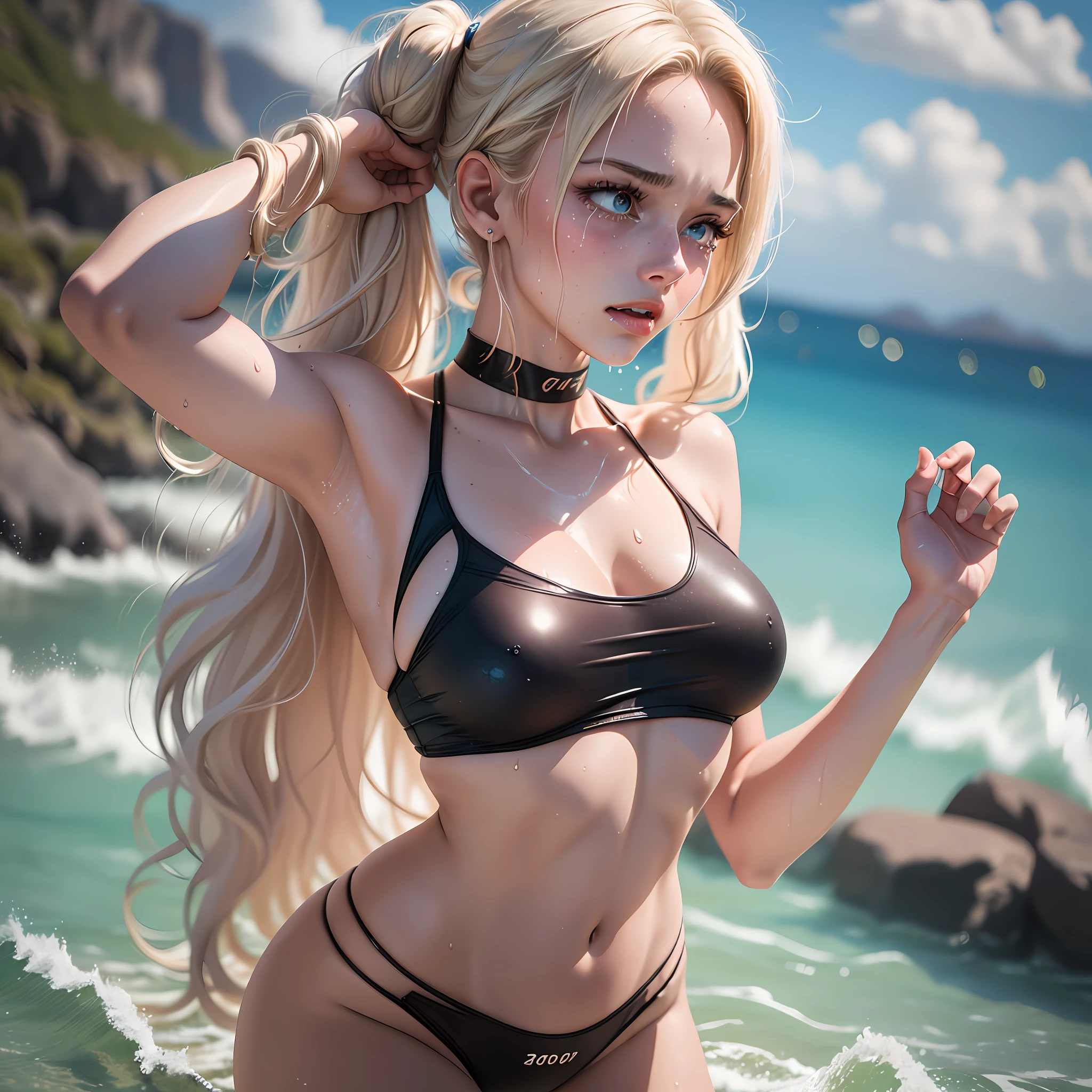 Beautiful girls on the beach, intimate hair visible, blonde with pigtails, legs spread, sexy pose, sexy girls in sexy swimsuits, super quality, realistic photo, wet skin, high detail, moans from pain, feeling of pain, tears flowing, pain, crying from pain, bust of Botox, 8k highly detailed realistic ((whole body, including legs)), beautiful 18 year old sweaty girl with ((sharp jawline)) and perky tits, wet skin and hair, large breasts, long straight hair, bare lower body, torn, no panties, shirt covered lively), finger under panties, perfect body, open (perfect body), fashion photorealism, high-definition system details, photography, sharpness, unique 850 4, Koda850K portrait camera, f1.6 lens, rich color, hyper-realistic texture, spectacular light texture, surreal art, Cinestil 800 fashion movement, frightened and crying, covered with tears, obeying pain, moaning, correct anatomy, beautiful symmetrical body