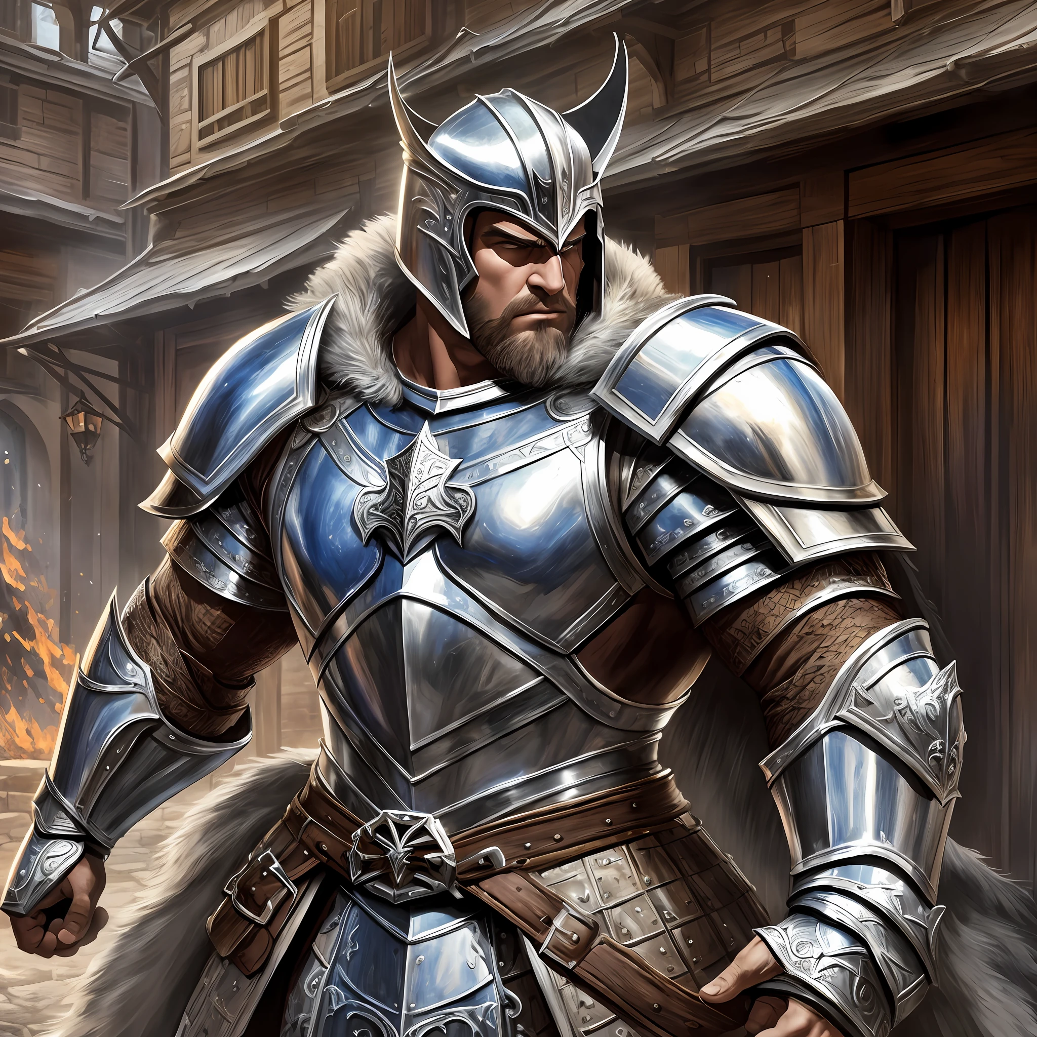 Young giant glabrous man muscular wide, wearing a medieval Armor, large shoulder pads, silver breastplate and a furry cape, angry, fighting, outside a tavern, Realistic, Full HD, best quality