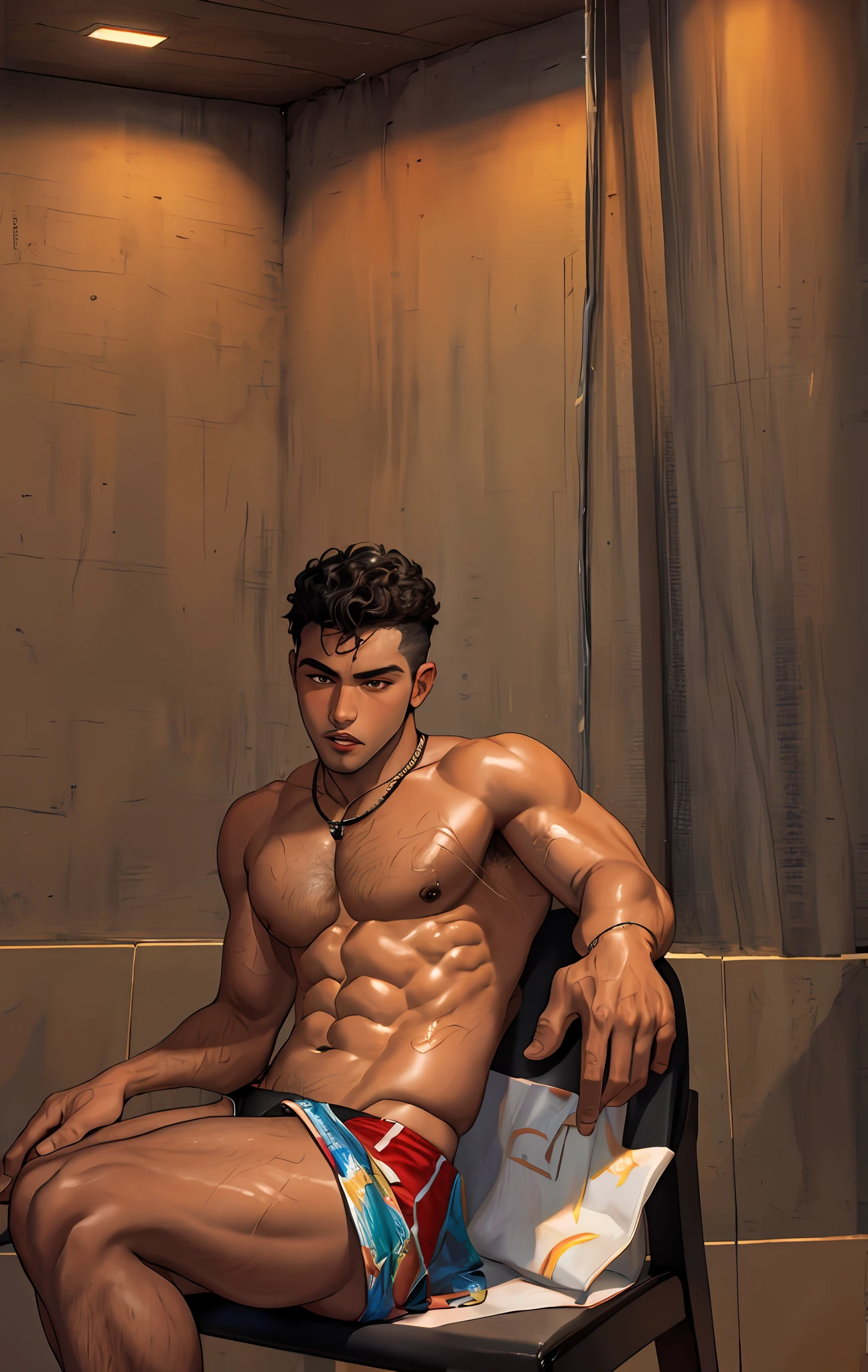 masterpiece, best quality, 1boy, solo, male focus, red men's swimsuit, swimming briefs, pull men's swimsuit, bulge, under, sit-ups, man muscle, man muscle, bara, curly short hair, black hair, black skin, dark eyes, look at the audience, sitting with legs open on a chair, necklace, nipple piercing, piercing, jewelry, bracelet, close your mouth, very detailed, at home, huge bulge, orange short box