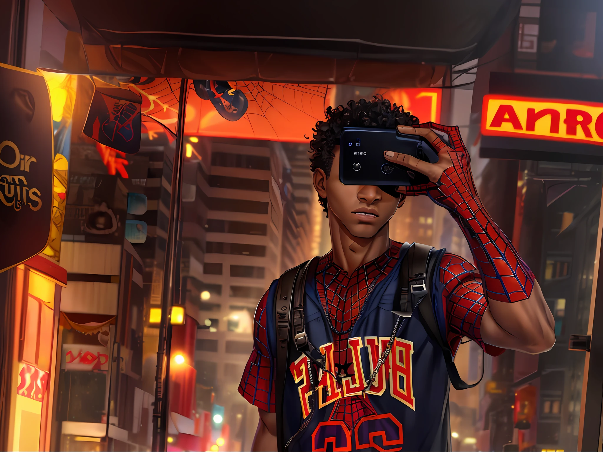 portrait, male focus, brown eyes, looking at viewer, spider man clothing,curly hair, brooklyn\(city\), black american, small curly hair,8k,detailed,, depth of field, cinematic lighting,young teen