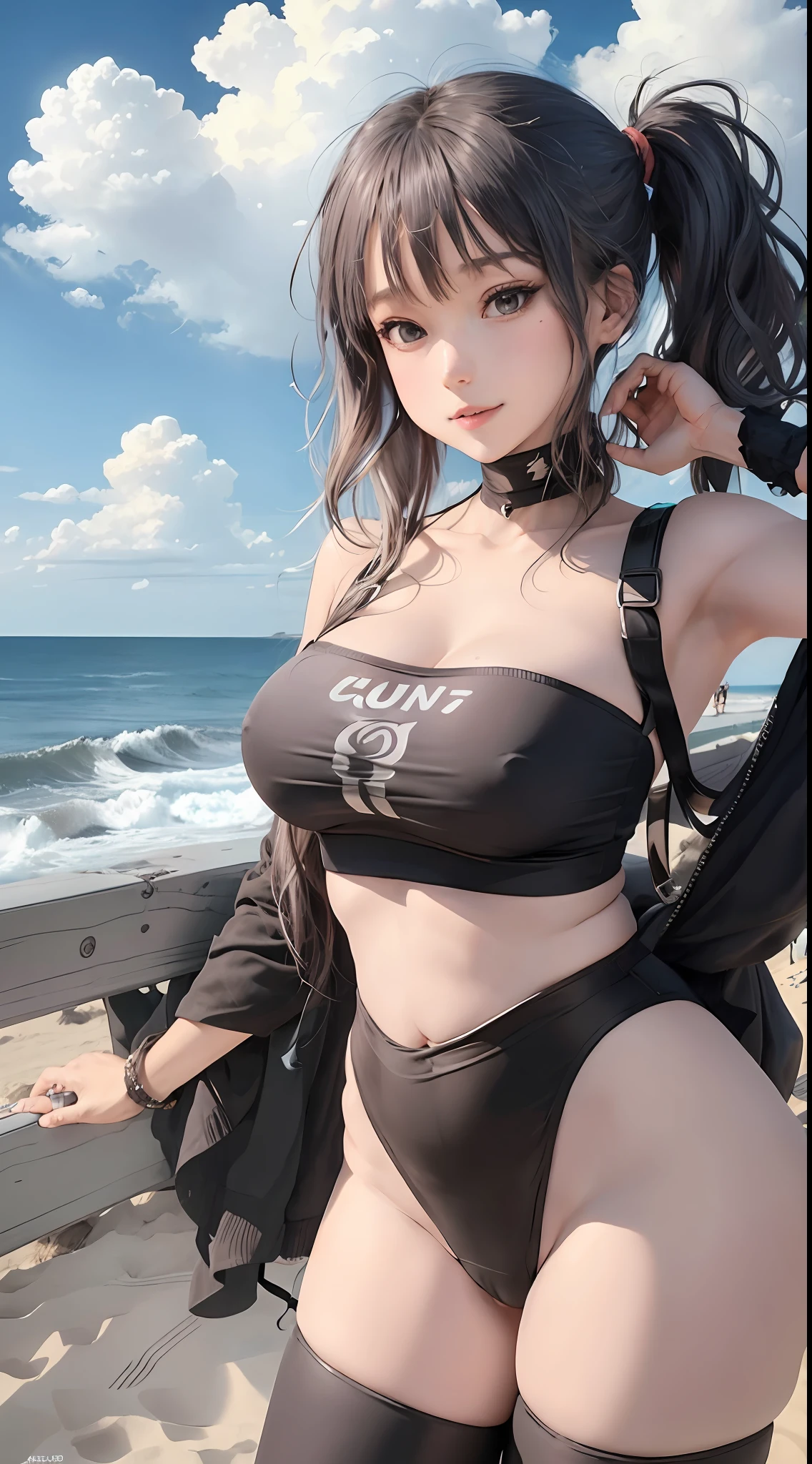 5girls, 6+girls, bangs, beach, black_hair, blonde_hair, blue_sky, blush, breasts, brown_eyes, brown_hair, cloud, day, group_picture, high_ponytail, large_breasts, long_hair, looking_at_viewer, medium_breasts, multiple_girls, navel,, nude, open_mouth, outdoors, parted_lips, ponytail,, short_hair, side-by-side, side_ponytail, sky, smile, take_your_pick, thighhighs, uncensored, v, winter