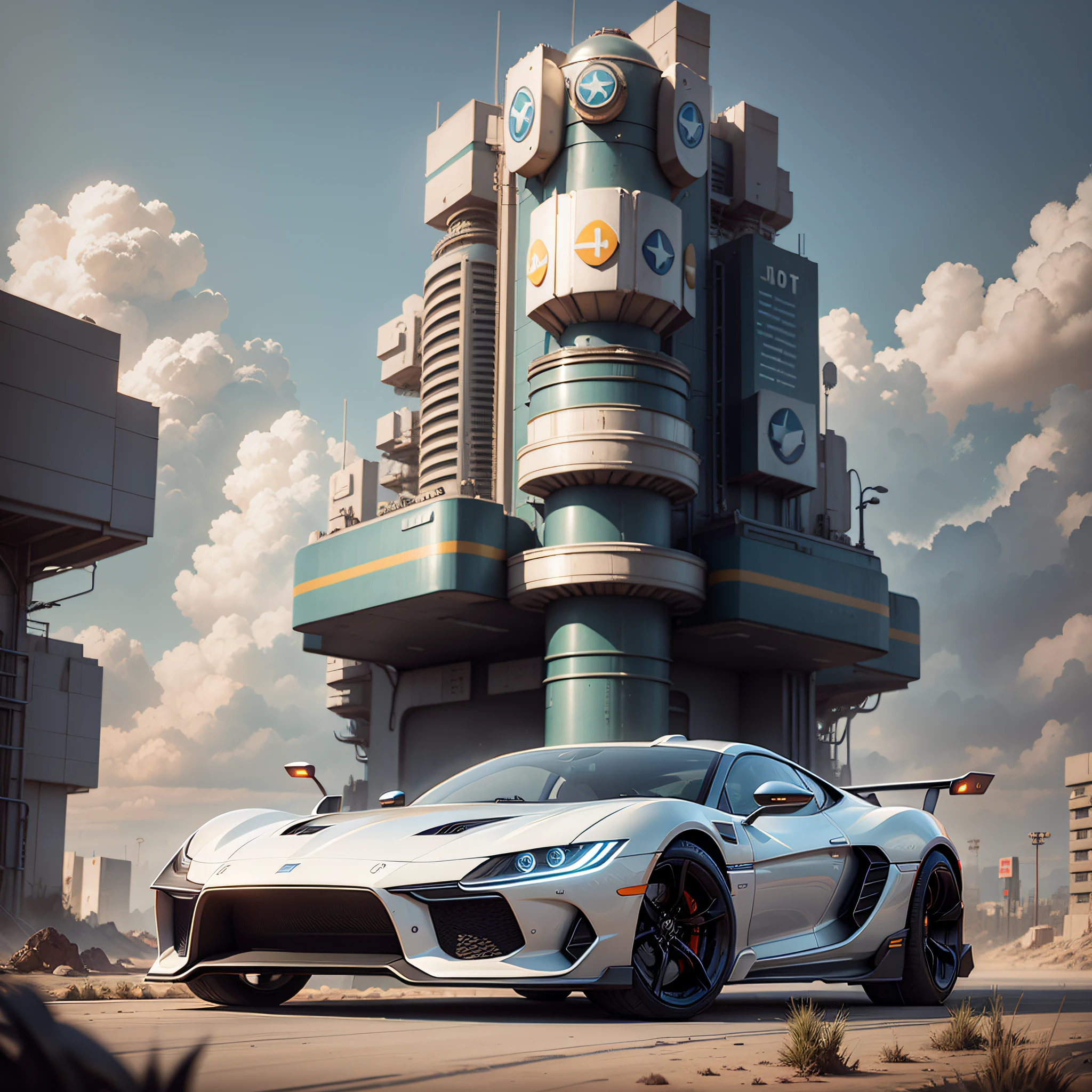 a futuristic car is parked at a gas station, a detailed matte painting by senior environment artist, cg society contest winner, retrofuturism, matte painting, matte drawing, concept art --auto --s2
