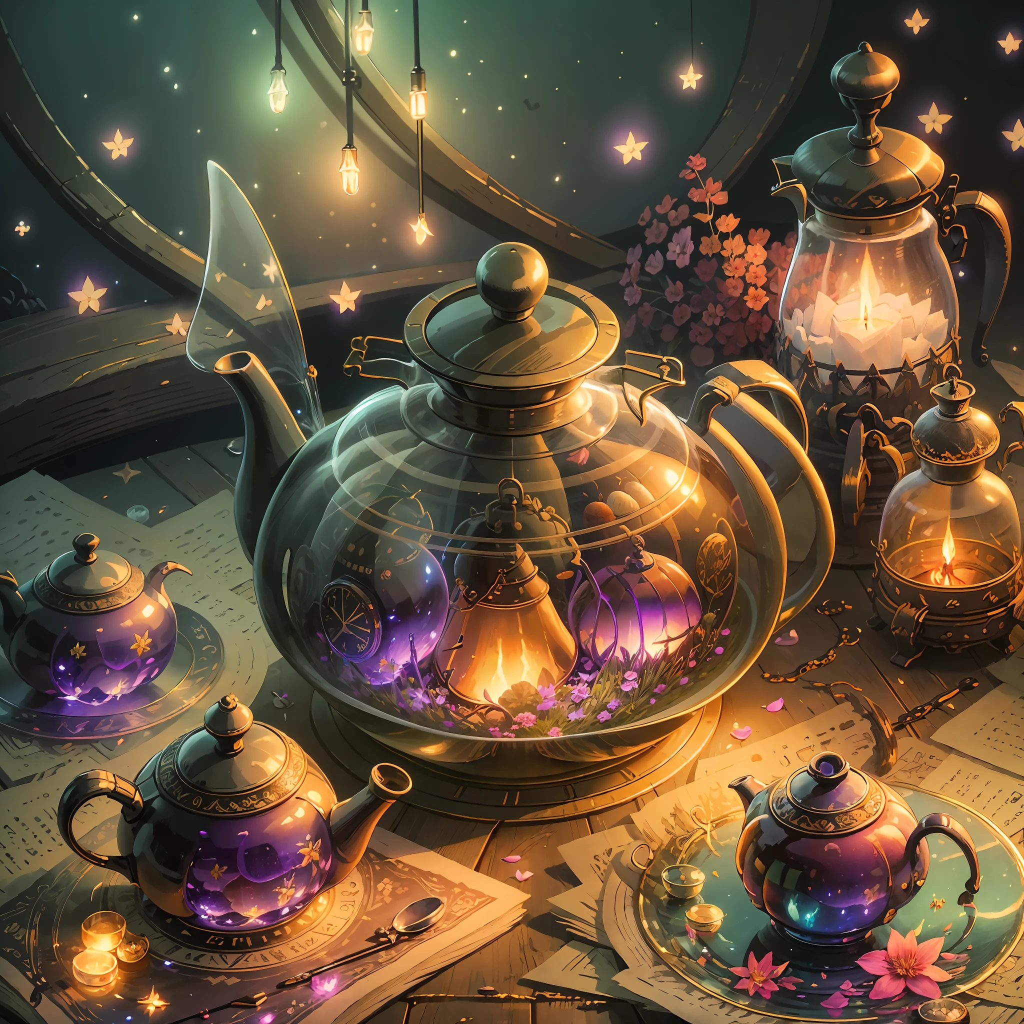 Computer, Extensive landscape ultrasound photography glass teapot, flowers, fire, fly agarics, fireflies (general view, which shows a teapot with petals), glass, (detailed description), inside the teapot there is a bright fire (ultra-detailed burning fire), stars, (detailed), firefly (detailed), night night, reflection of the moon, (1:3), fireflies (1:3), BREAK production art, (cold light source:1.2), (Firefly:1.2), purple, fire particles, colors, complex details,  volumetric lighting, realistic fantasy BREAK (masterpiece:1.2), (best quality), 4k, ultra-detailed, (dynamic composition: 1.4), high detailed, colorful details, (gloomy colors: 1.2), (luminous lighting, atmospheric lighting), gloomy, dark, magical --auto --s2