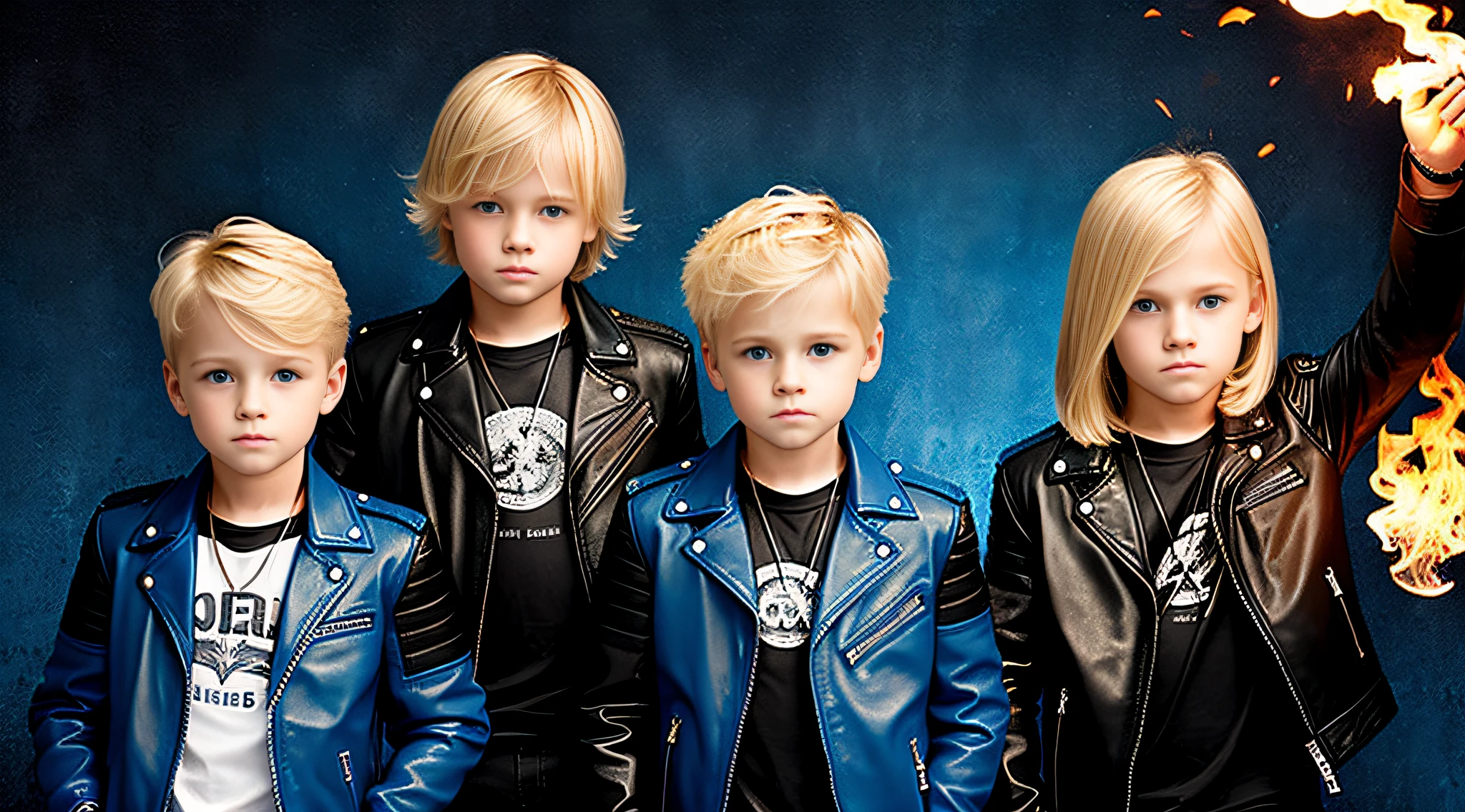boys blonde children WITH STRAIGHT HAIR, PETROLEUM BLUE BACKGROUND, FIRE TORCHES Black leather jacket and black clothing. .