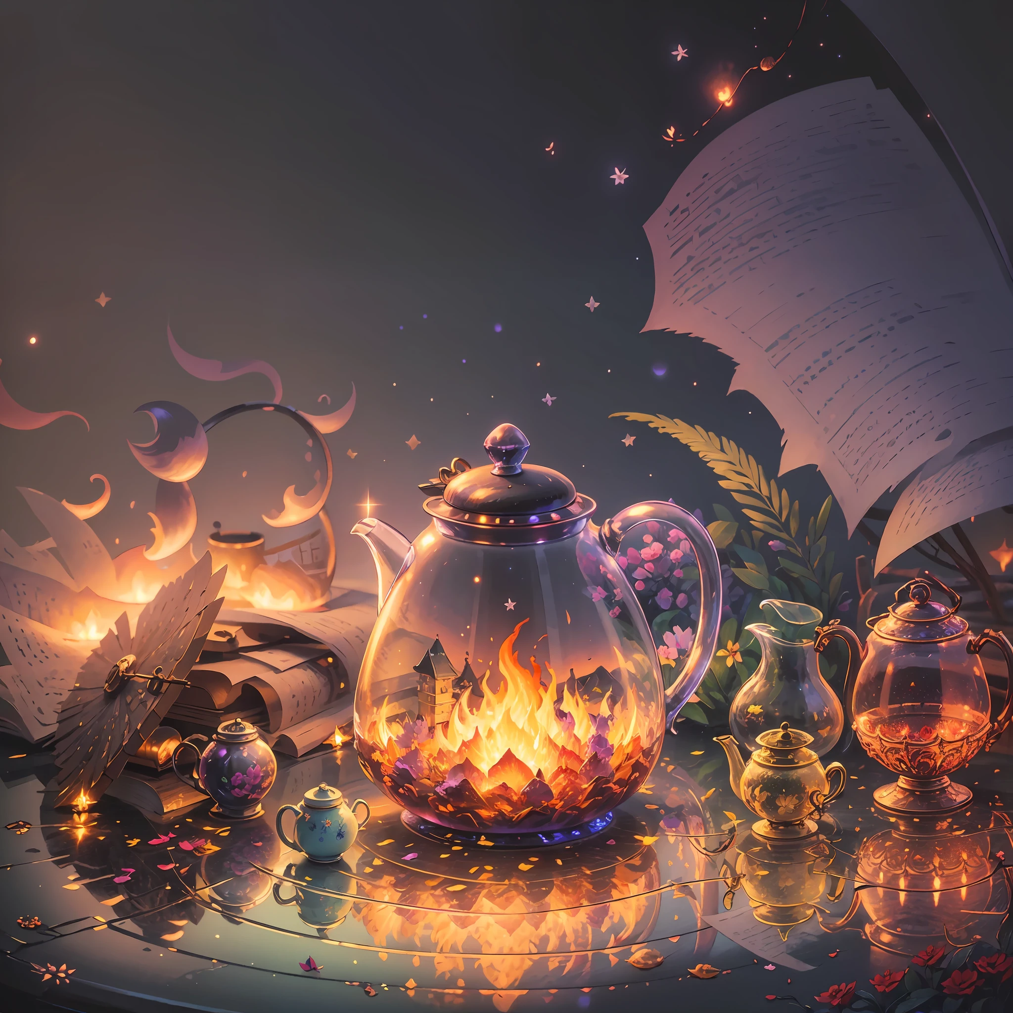 Computer, Extensive landscape ultrasound photography glass teapot, flowers, fire, fly agarics, fireflies (general view, which shows a teapot with petals), glass, (detailed description), inside the teapot there is a bright fire (ultra-detailed burning fire), stars, (detailed), firefly (detailed), night night, reflection of the moon, (1:3), fireflies (1:3), BREAK production art, (cold light source:1.2), (Firefly:1.2), purple, fire particles, colors, complex details,  volumetric lighting, realistic fantasy BREAK (masterpiece:1.2), (best quality), 4k, ultra-detailed, (dynamic composition: 1.4), high detailed, colorful details, (gloomy colors: 1.2), (luminous lighting, atmospheric lighting), gloomy, dark, magical --auto --s2