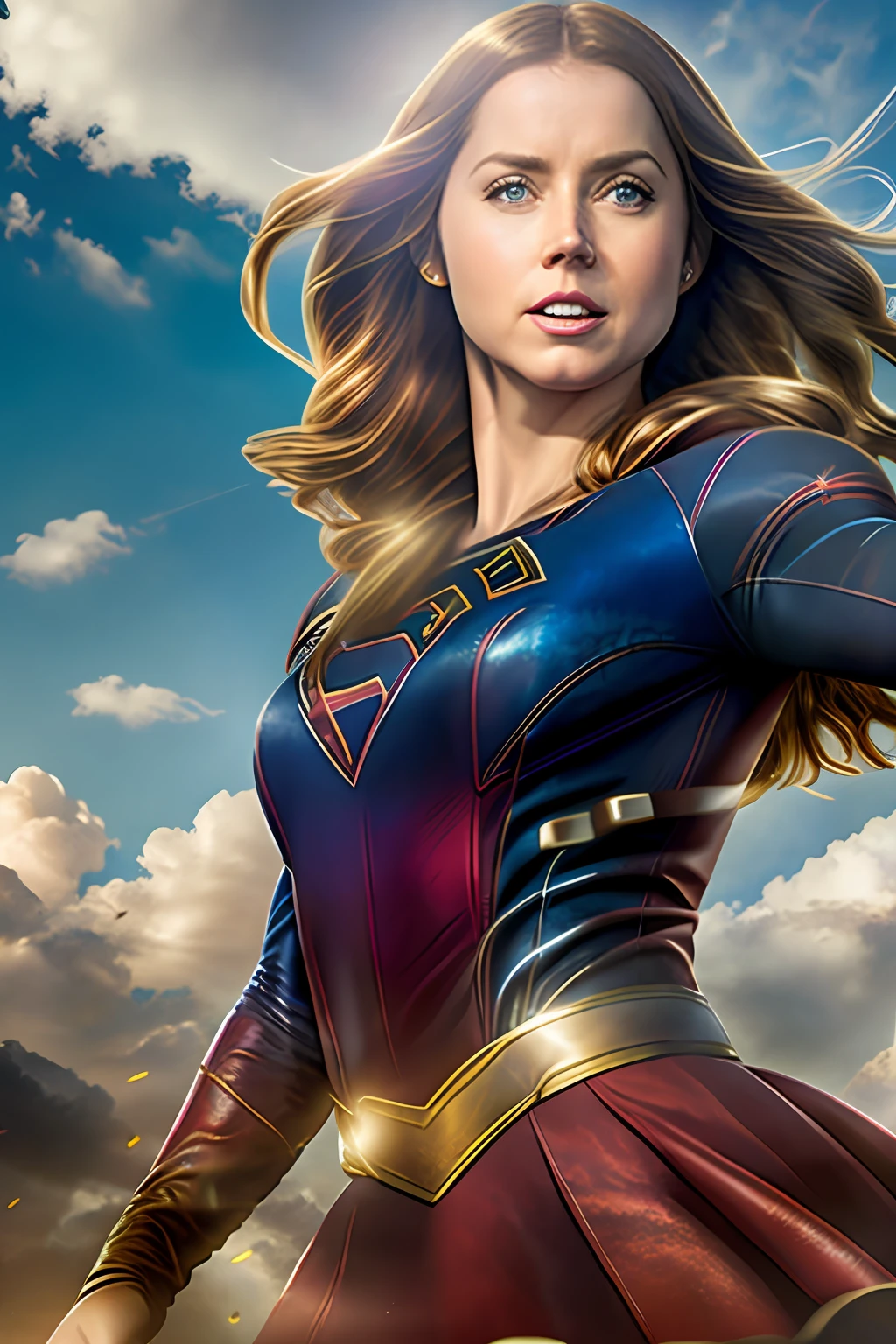 Amy Adams as Supergirl, super realistic, high definition, ultra resolution, well detailed character, 8k, great lighting, beautiful and perfect Amy Adams flying in the blue sky with a beautiful sunny day