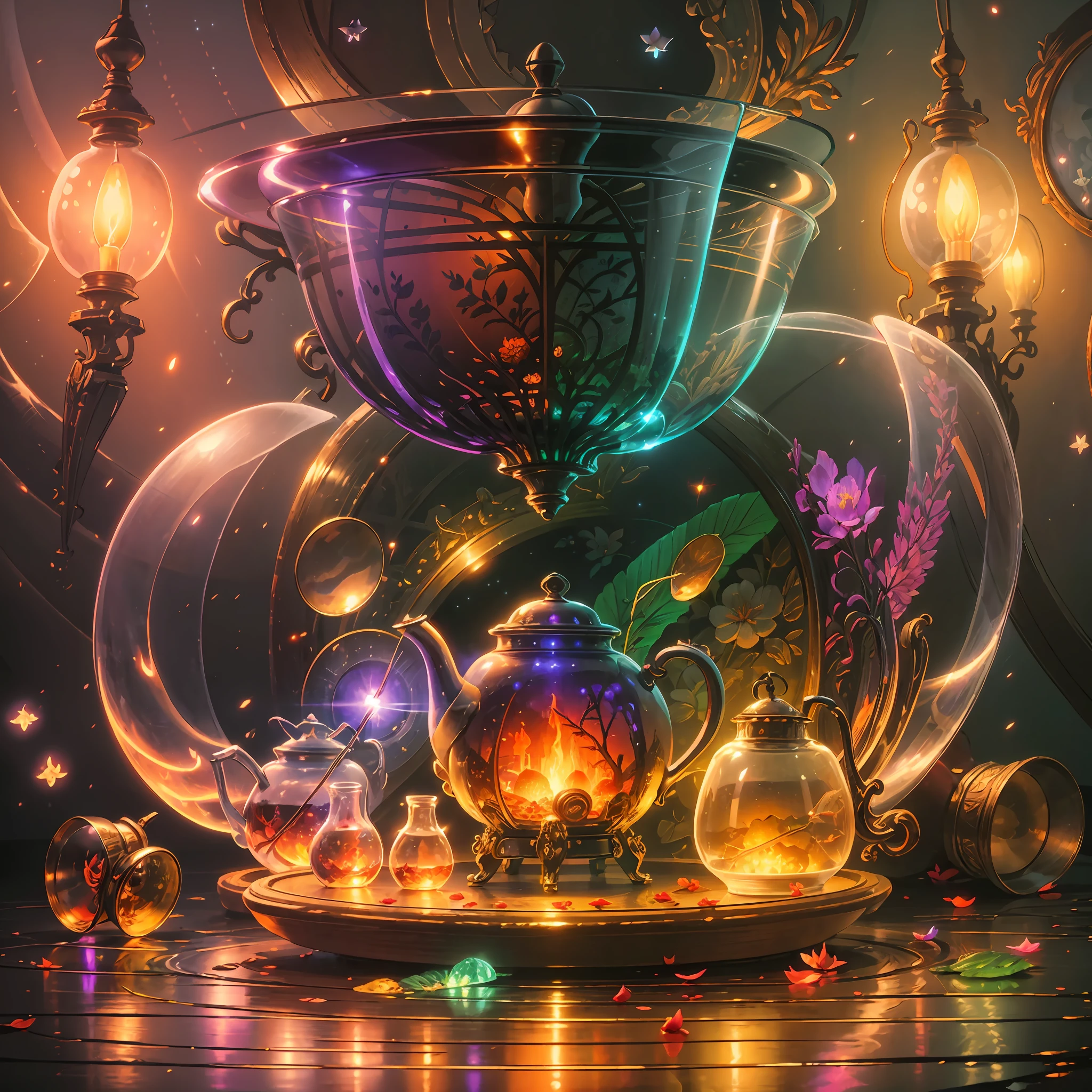 Computer, Extensive landscape ultrasound photography glass teapot, flowers, fire, fly agarics, fireflies (general view, which shows a teapot with petals), glass, (detailed description), inside the teapot there is a bright fire (ultra-detailed burning fire), stars, (detailed), firefly (detailed), night night, reflection of the moon, (1:3), fireflies (1:3), BREAK production art, (cold light source:1.2), (Firefly:1.2), purple, fire particles, colors, complex details, volumetric lighting, realistic fantasy BREAK (masterpiece:1.2), (best quality), 4k, ultra-detailed, (dynamic composition: 1.4), high detailed, colorful details, (gloomy colors: 1.2), (luminous lighting, atmospheric lighting), gloomy, dark, magical --auto --s2