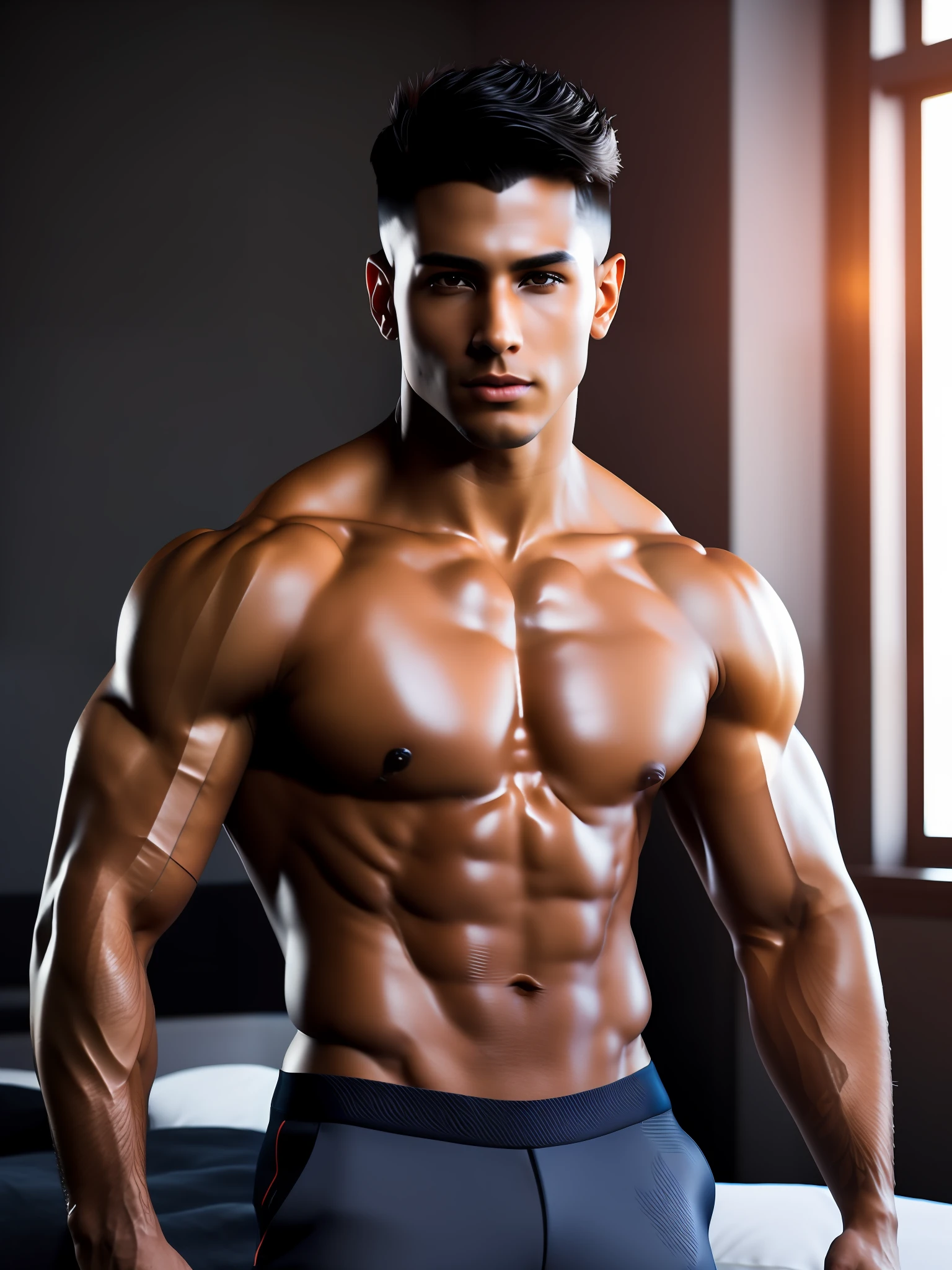 young male, muscular, Latin, photorealistic, cinematic light, luxurious bedroom background, ultra resolution upper body