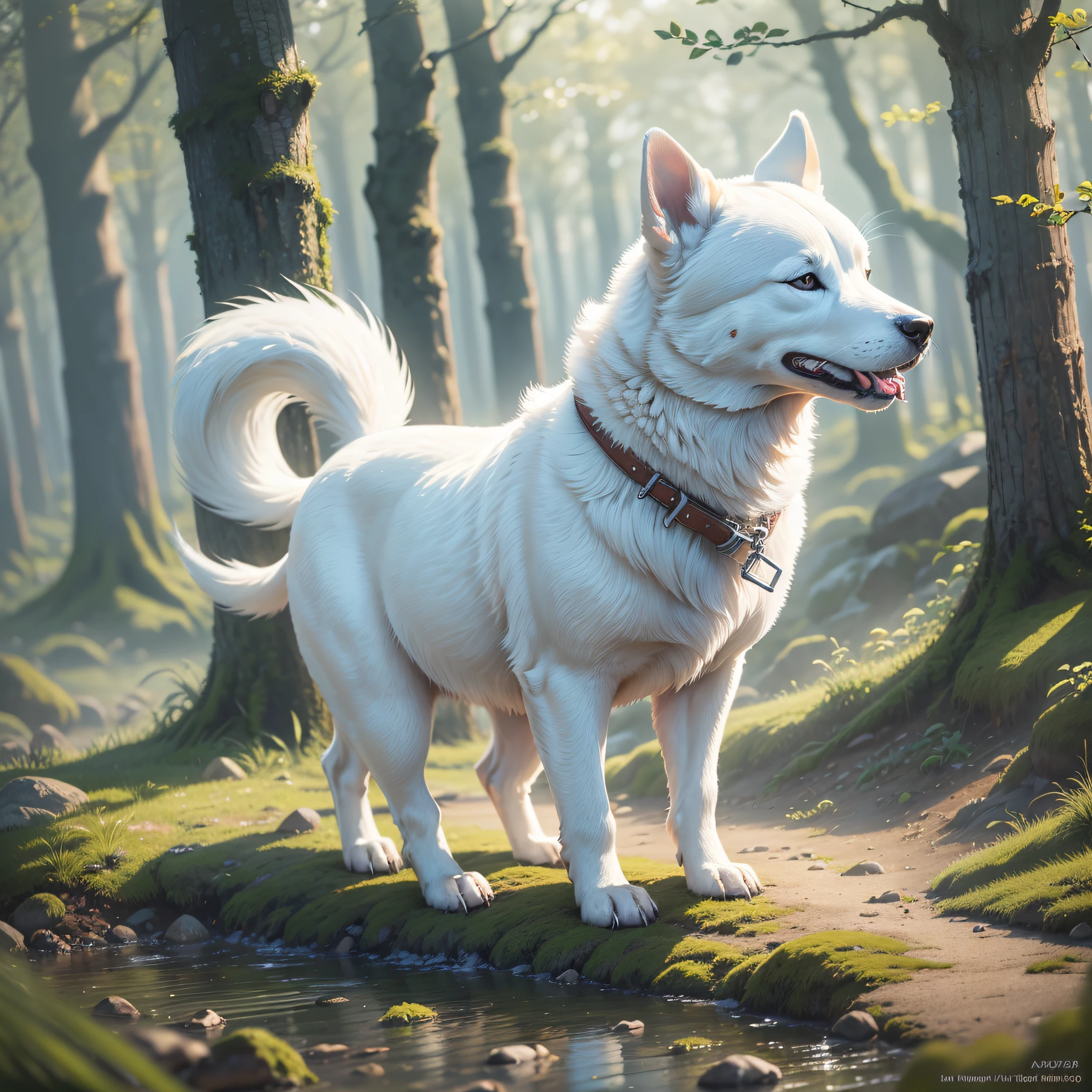 a white dog akita (((SOLO))) , looking forward, well-detailed watercolor background, sharp focus, very detailed tail, dawn, (cold morning: 1.1), (morning dew: 1.15), realistic photography, (discreet photography: 1.2), detailed, 8k, intricate bristling feathers, water drops on feathers, (to8contrast style), (mist:0.7), vivid colors, Sony a6600 Mirrorless Camera, embellish2 --auto --s2