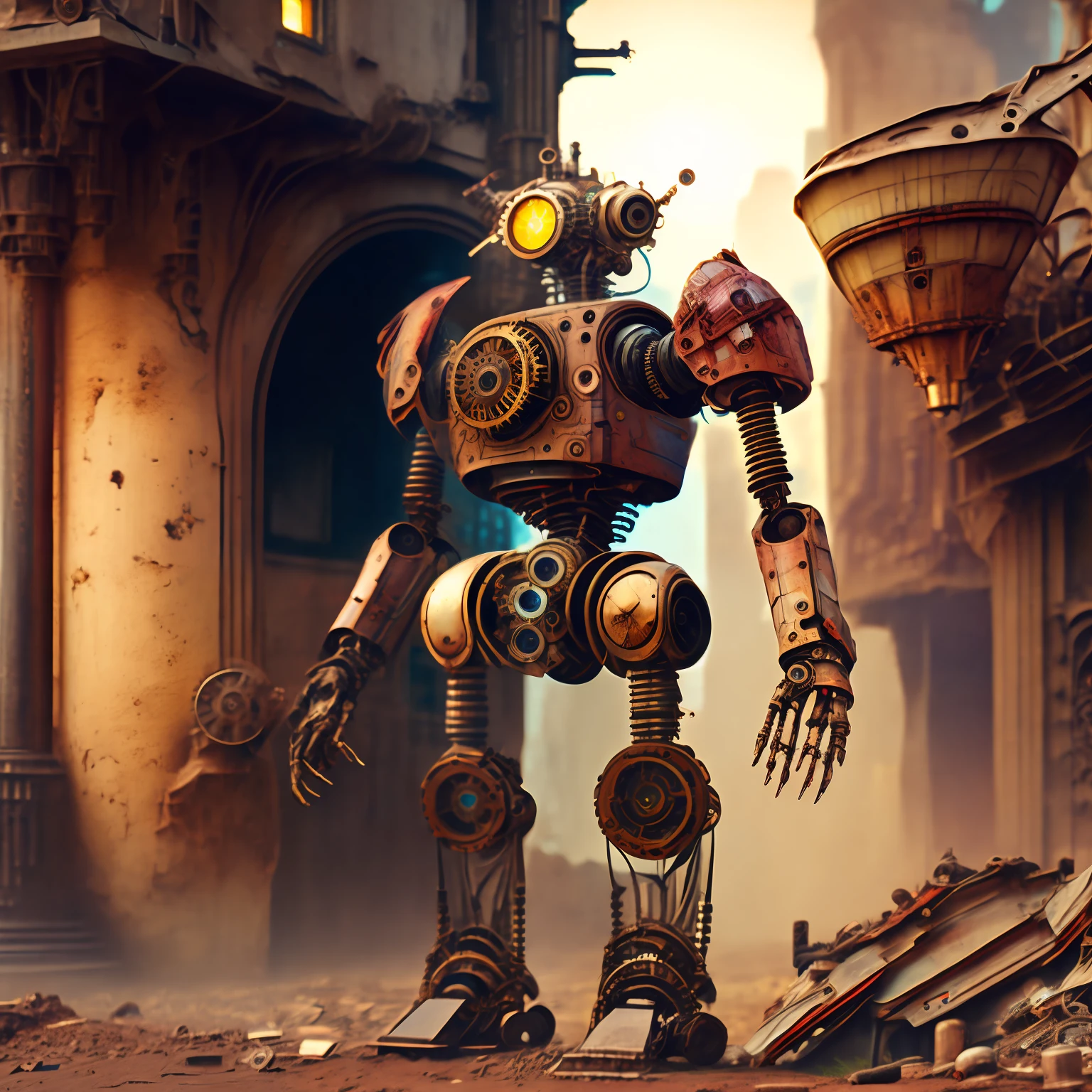 (a robot:1.2) humanoid, with mechanical parts, (steampunk style:1.4), destroyed city backdrop with rustic cinematic dramatic lighting.