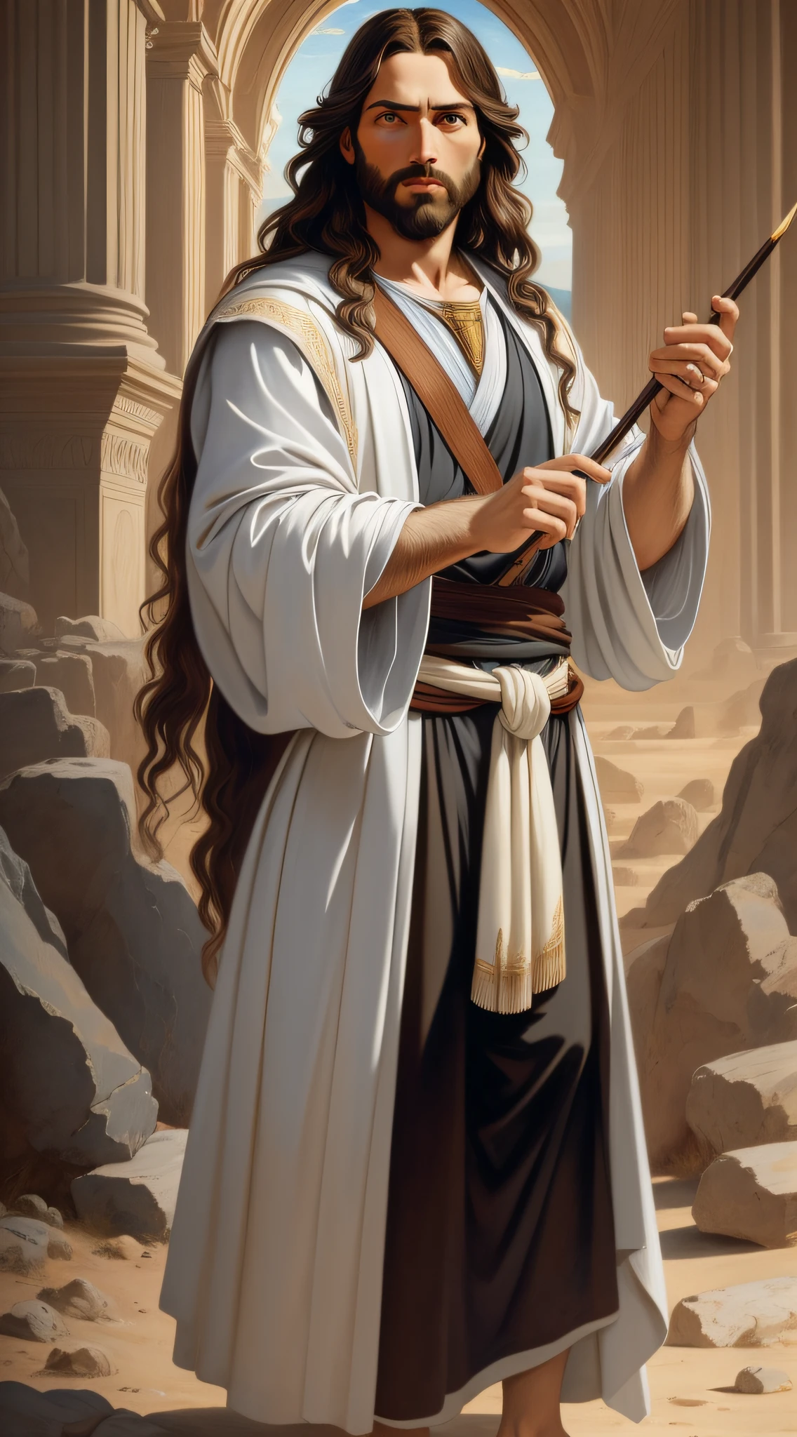 A beautiful ultra-thin realistic portrait of Jesus, the prophet, a 33 year old Jewish man, long brown hair, long brown beard, wearing white tunic, in front view, full body, biblical, realistic, in the desert intricate details, by Abbott Fuller Graves, Bartolome Esteban Murillo, J.C. Leyendecker, Craig Mullins, Peter Paul Rubens, (Caravaggio), Trend in Artstation, 8K, Concept Art, PhotoRealistic, Realistic, Illustration, Oil Painting, Surrealism, HyperRealistic, brush brushes, Digital art, style, watercolor, hyper realistic photorealistic with high sharpness