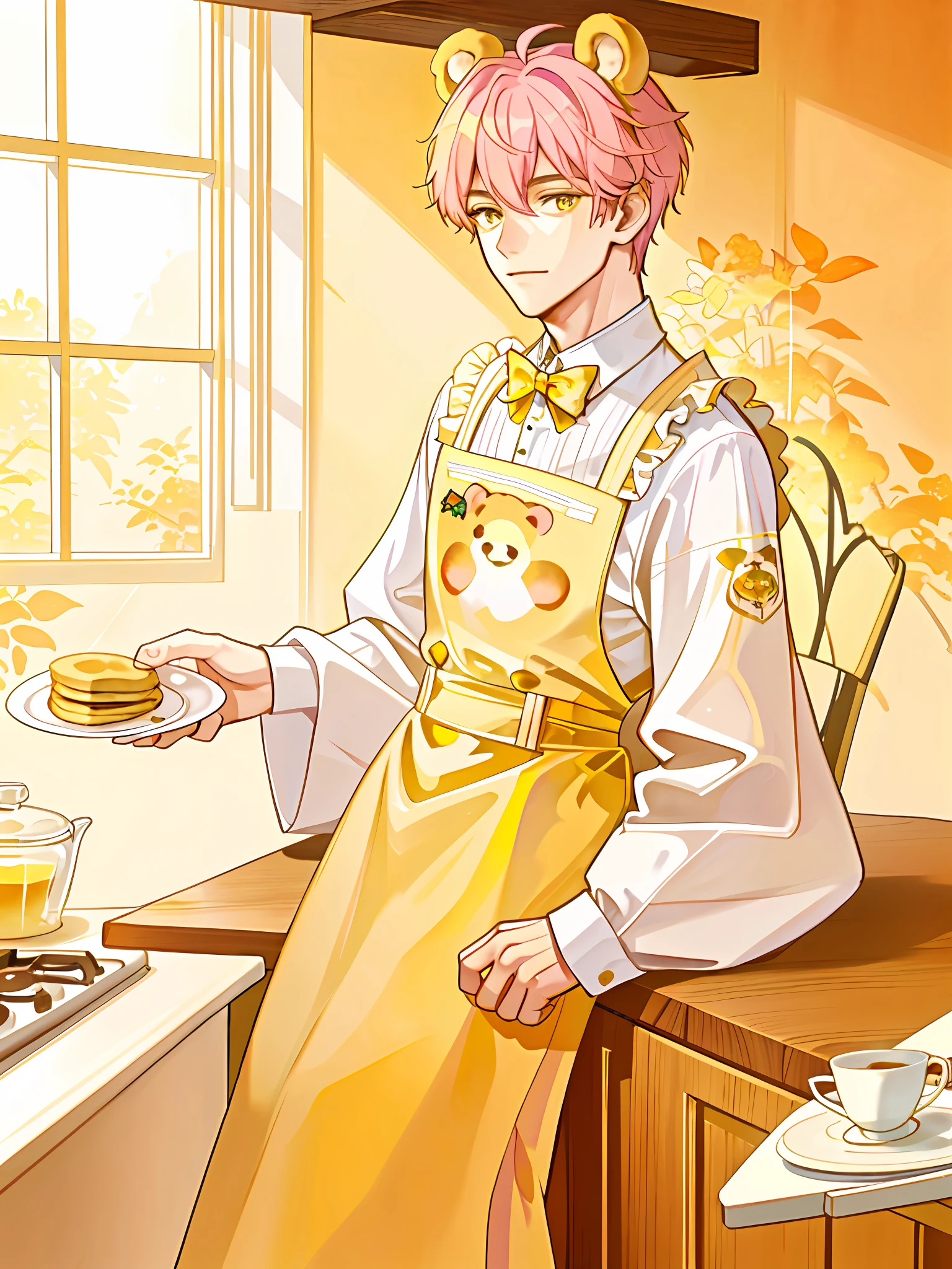1boy, handsome, bear ears, honey bear theme, honey dripping in ears and hair, yellow honey, beautiful detailed pancakes in the background, standing in a cute pink kitchen