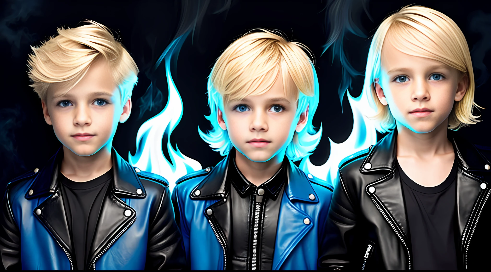 boys blonde children WITH STRAIGHT HAIR, PETROLEUM BLUE BACKGROUND, FIRE TORCHES Black leather jacket and black clothing. .